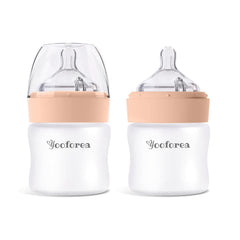 YOOFOREA silicone-coated glass baby bottle with anti-colic venting for smoother feeds.