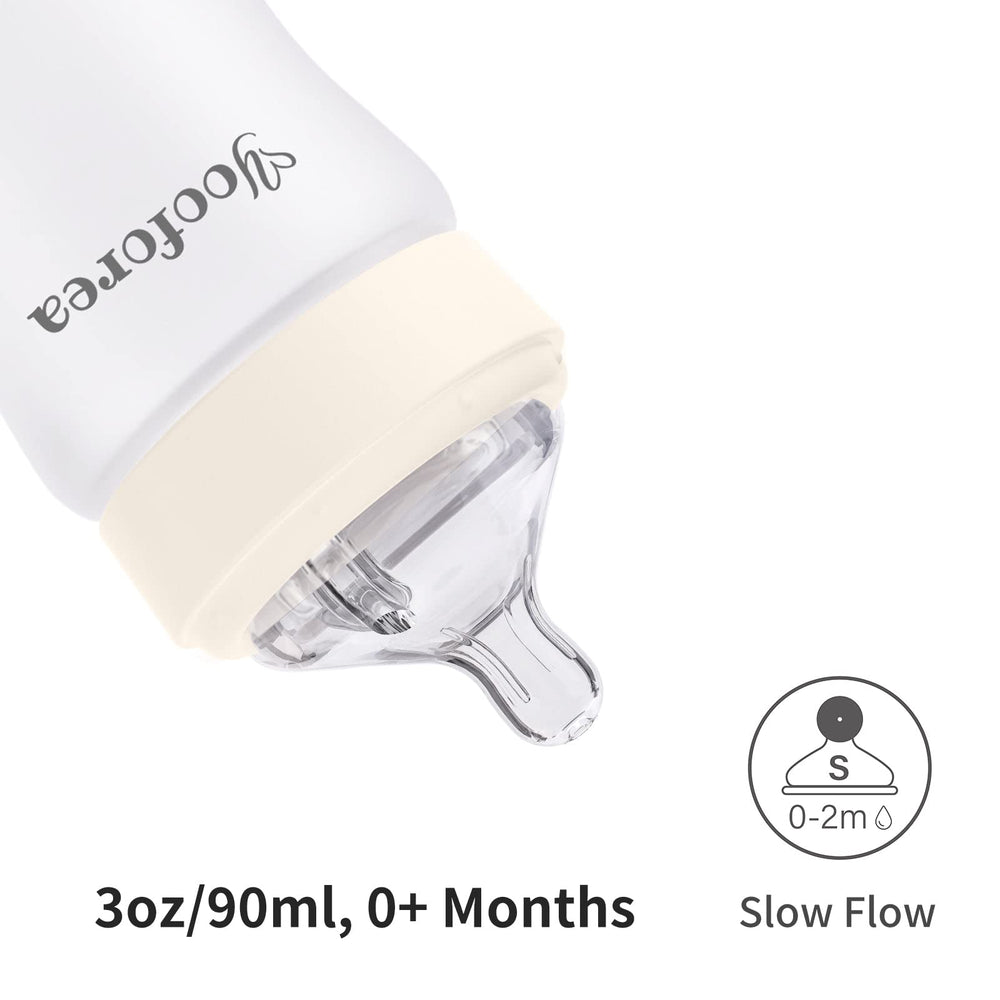 Slow-flow nipple on Yooforea bottle, supports comfortable latch in feeding.