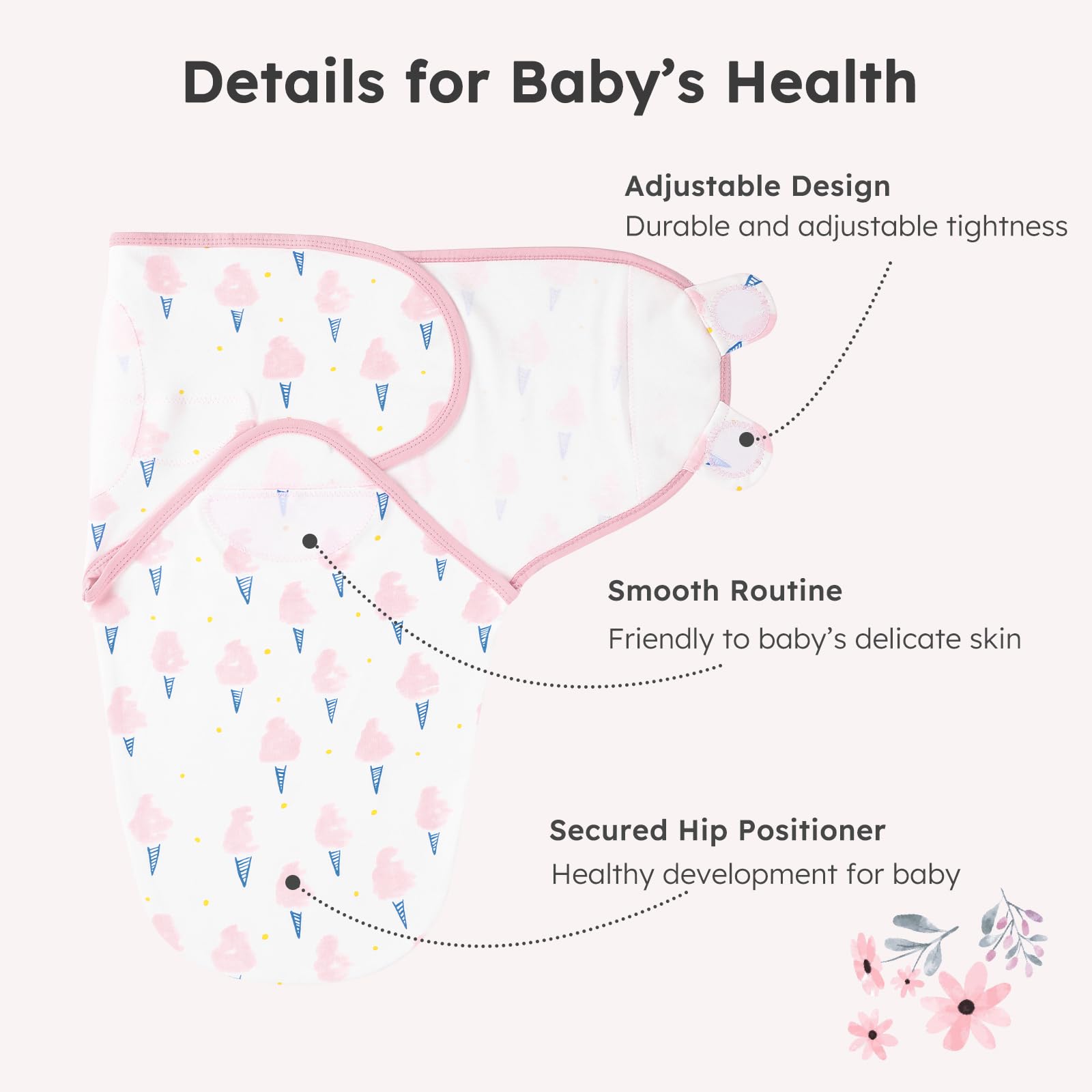 Yoofoss adjustable swaddle with hook-and-loop for a snug, customizable fit.