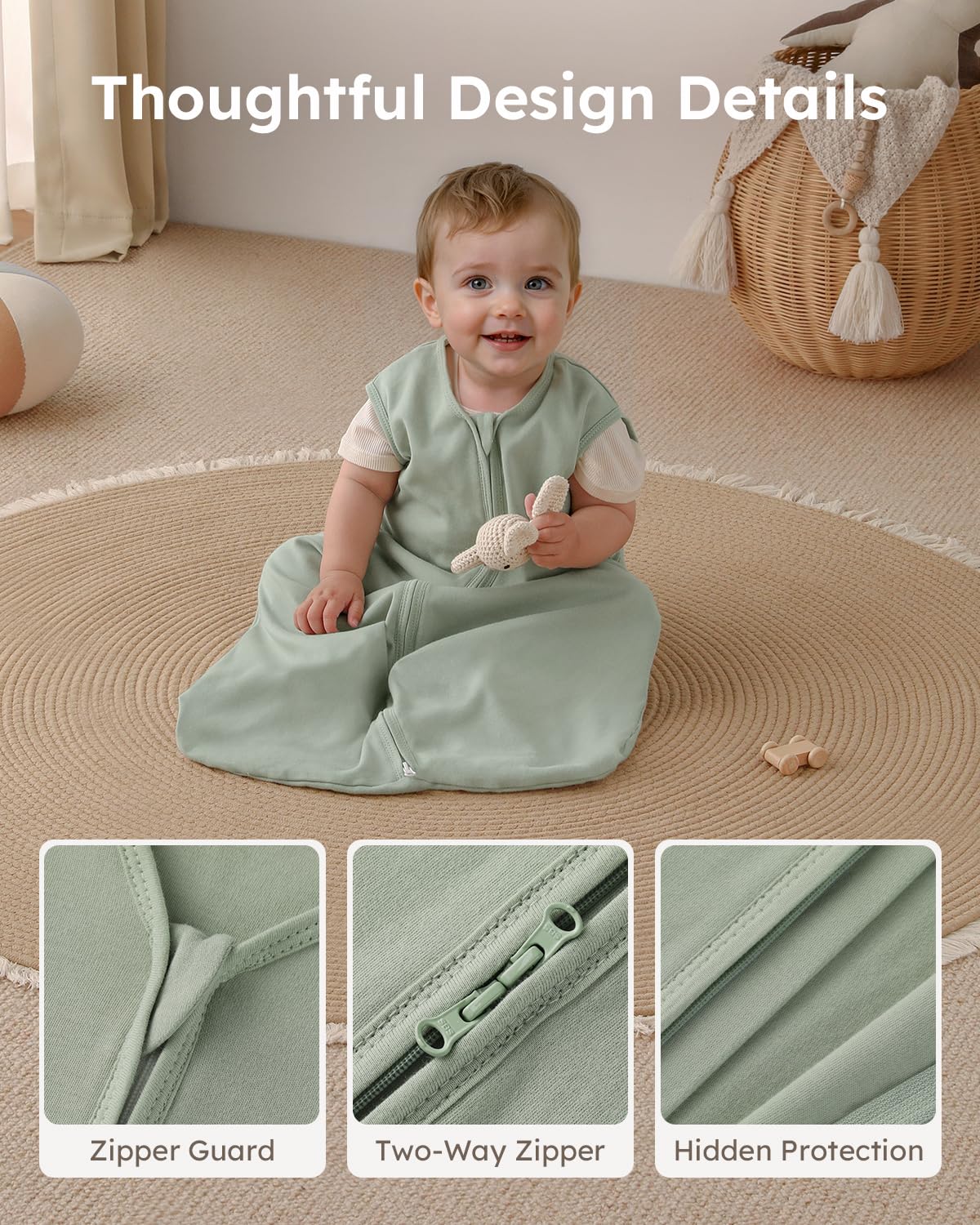 Yoofoss sleep sack arm and neck openings for a snug, adjustable fit.
