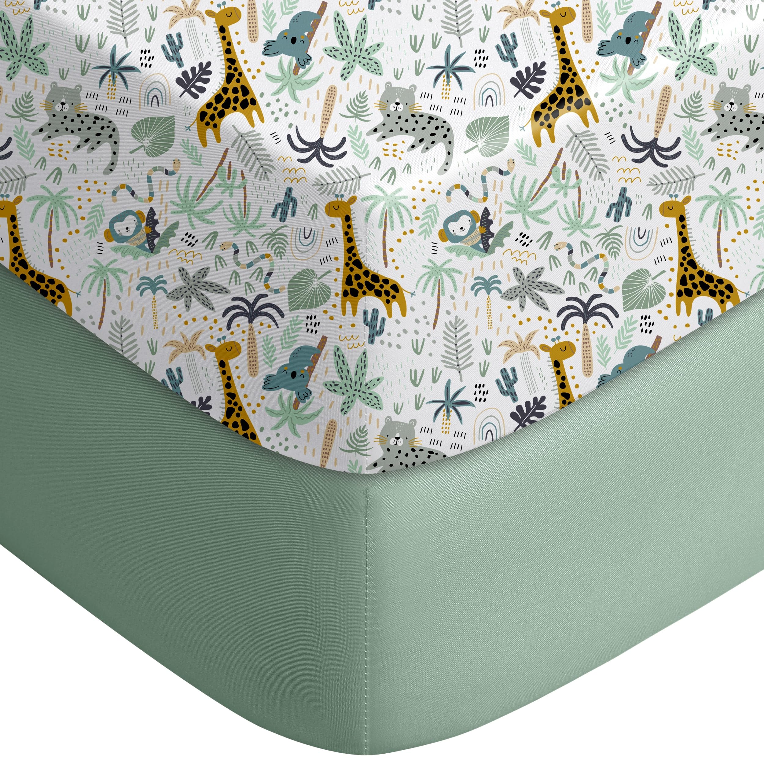 Yoofoss baby crib sheets in green giraffe 2-pack with secure fit for standard cribs.