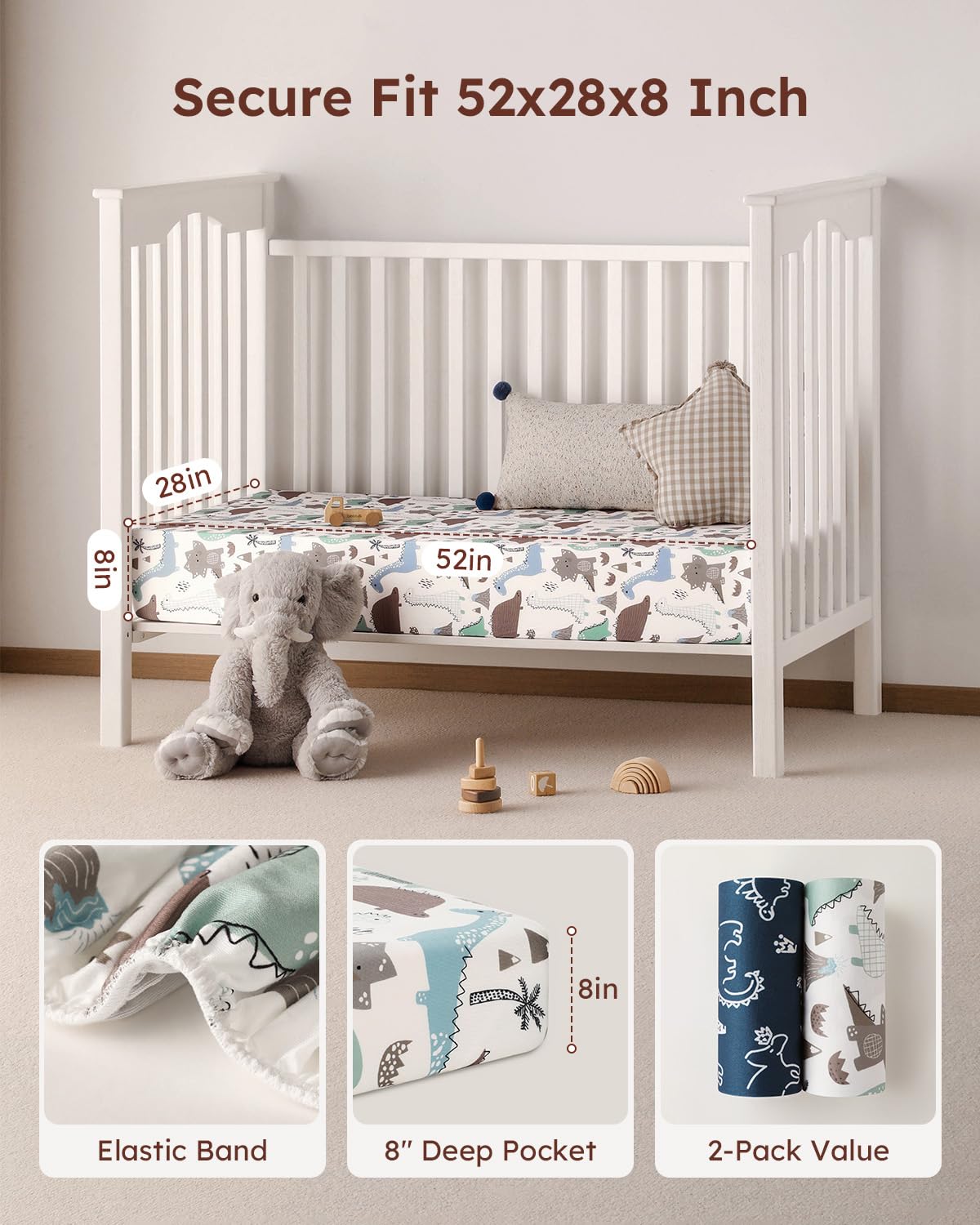 Yoofoss two-pack crib sheets are machine washable for easy, quick changes.