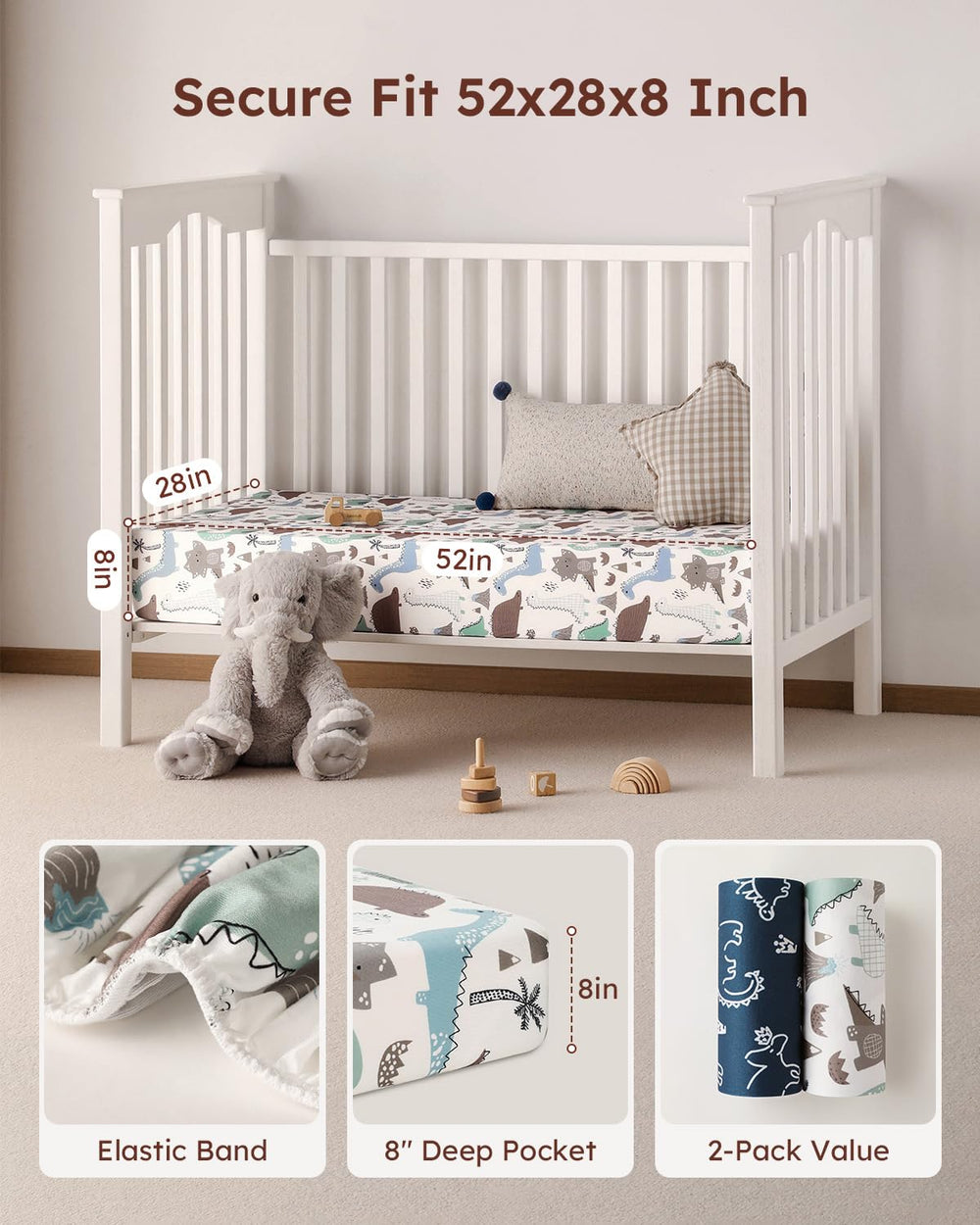 Yoofoss two-pack crib sheets are machine washable for easy, quick changes.