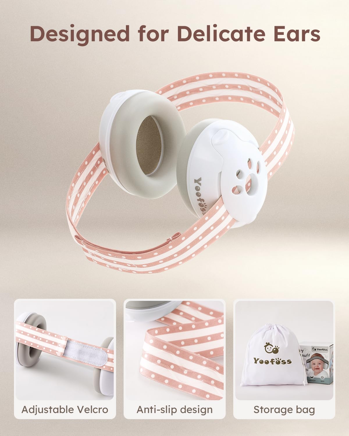 Yoofoss earmuffs use adjustable Velcro closure for a snug fit on infants.