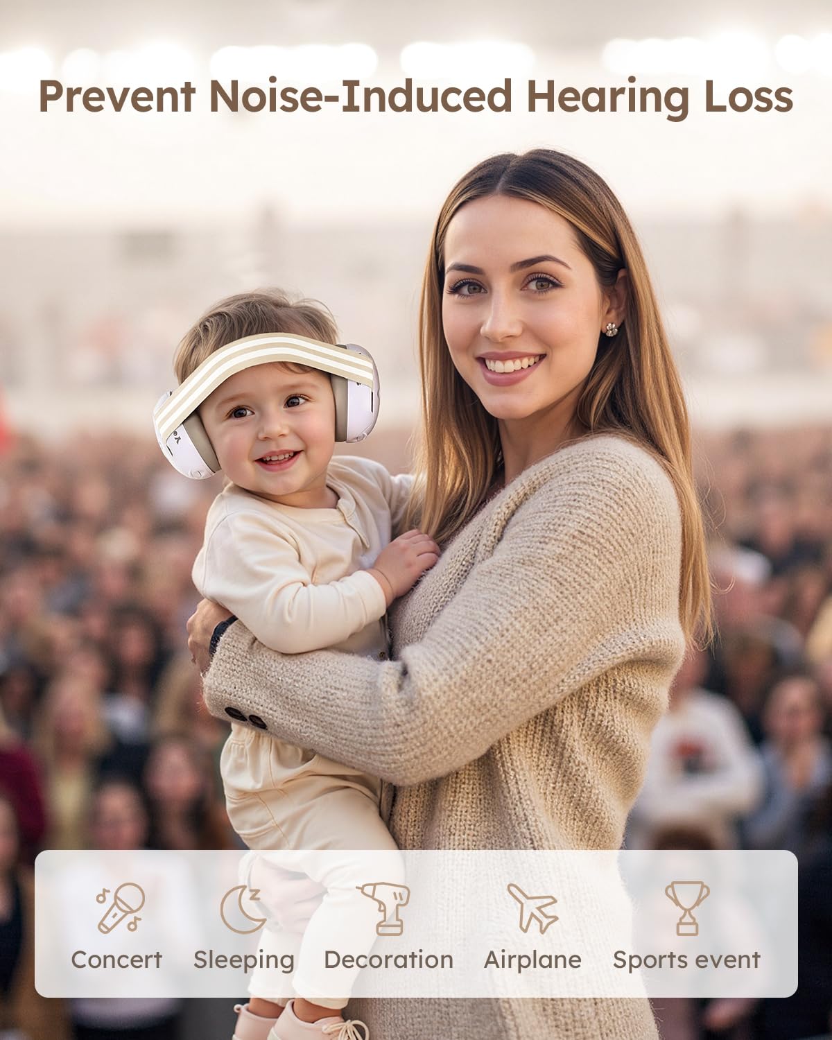 Yoofoss baby earmuffs in use at a noisy event protecting hearing and sleep
