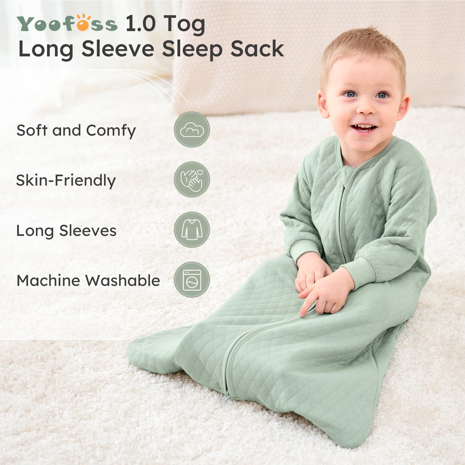 Yoofoss sleep sack showing long sleeves for extra warmth.