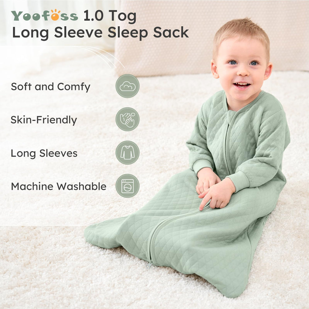 Yoofoss sleep sack showing long sleeves for extra warmth.