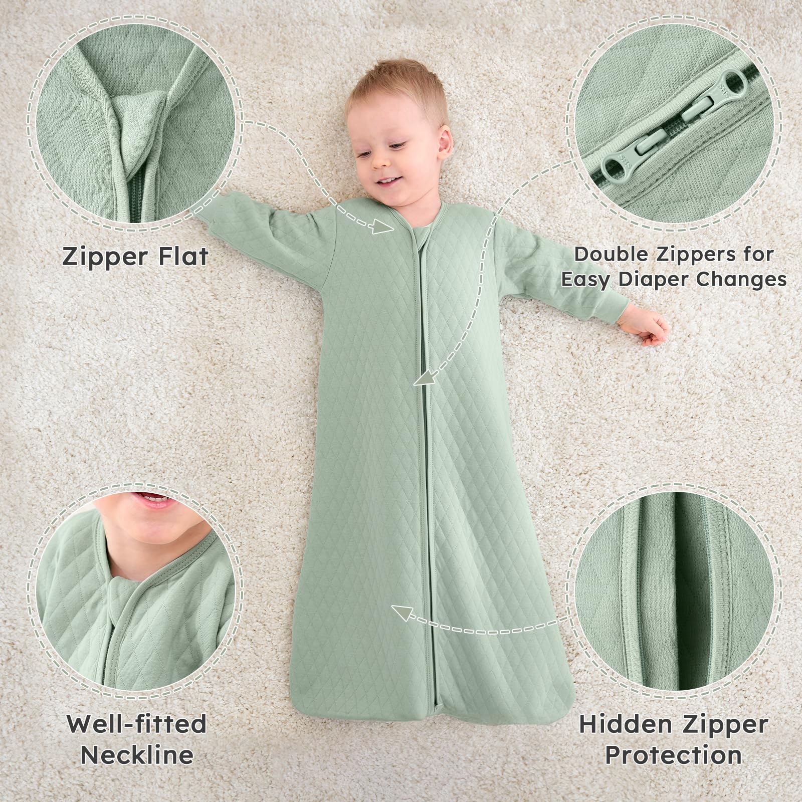 Yoofoss sleep sack highlighting GOTS certification and quality standards.