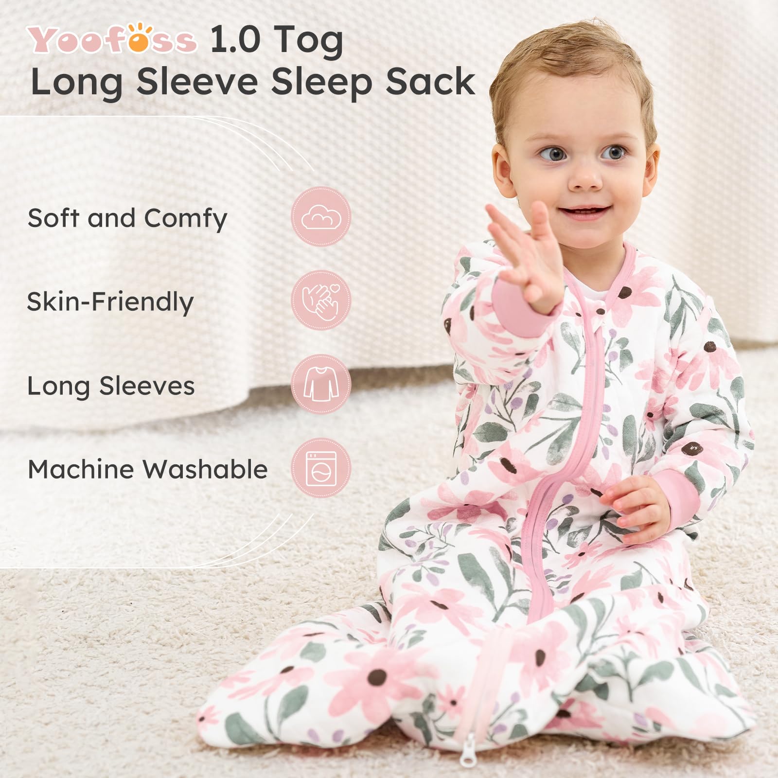 Yoofoss sleep sack in use keeps baby warm in an air-conditioned room.
