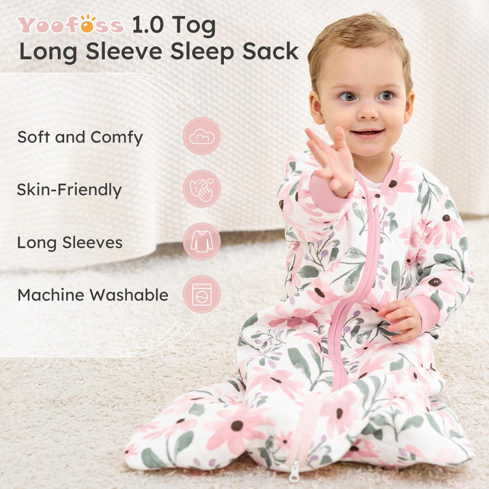 Yoofoss sleep sack in use keeps baby warm in an air-conditioned room.
