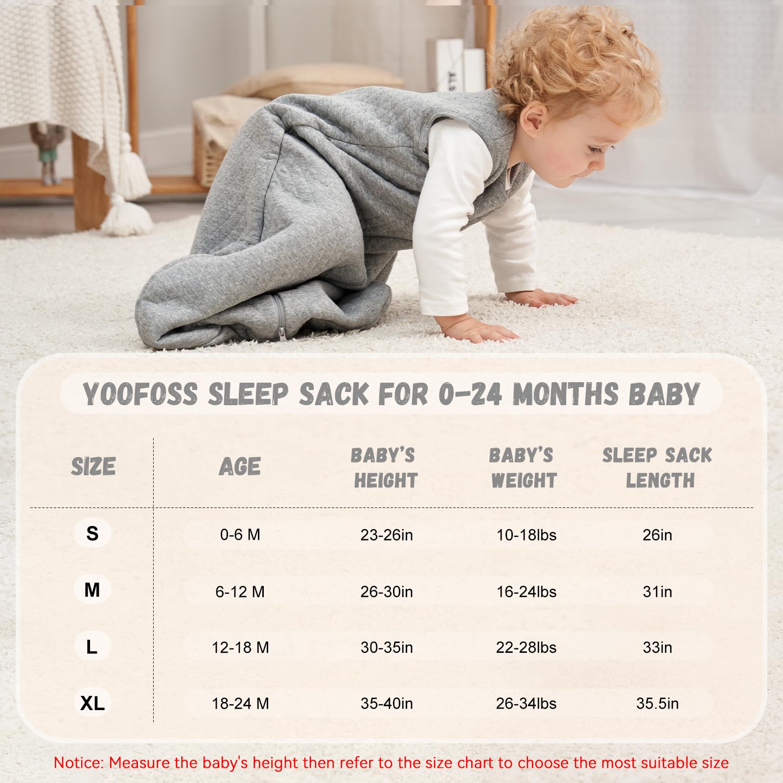 Yoofoss sleep sack with two-way zipper enables easy nighttime diaper changes.