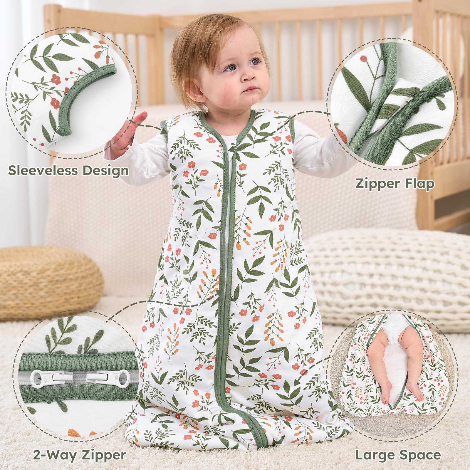 Yoofoss sleep sack uses organic cotton fabric for softness and breathability