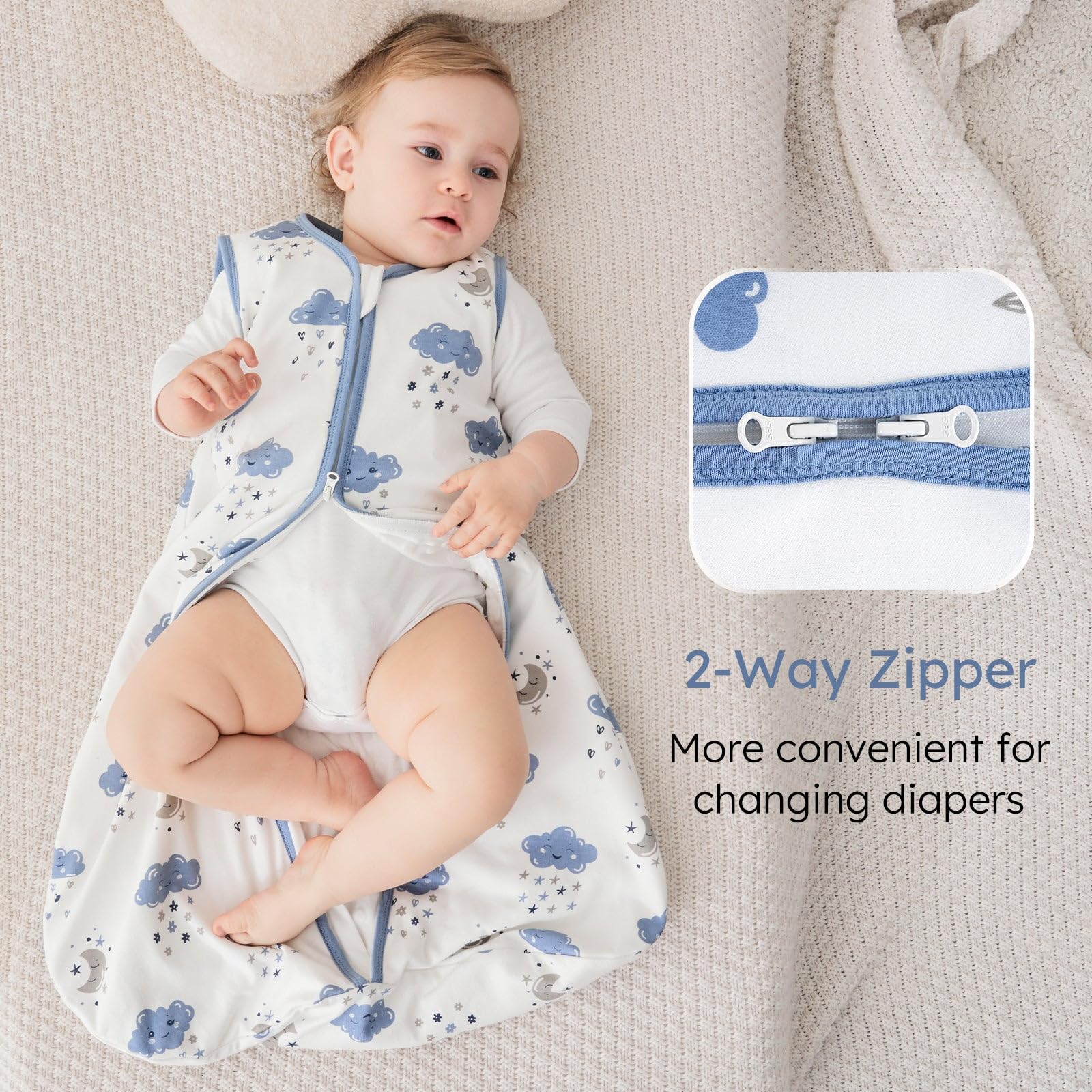 Yoofoss sleep sack zipper detail enables easy dressing and night-time changes.