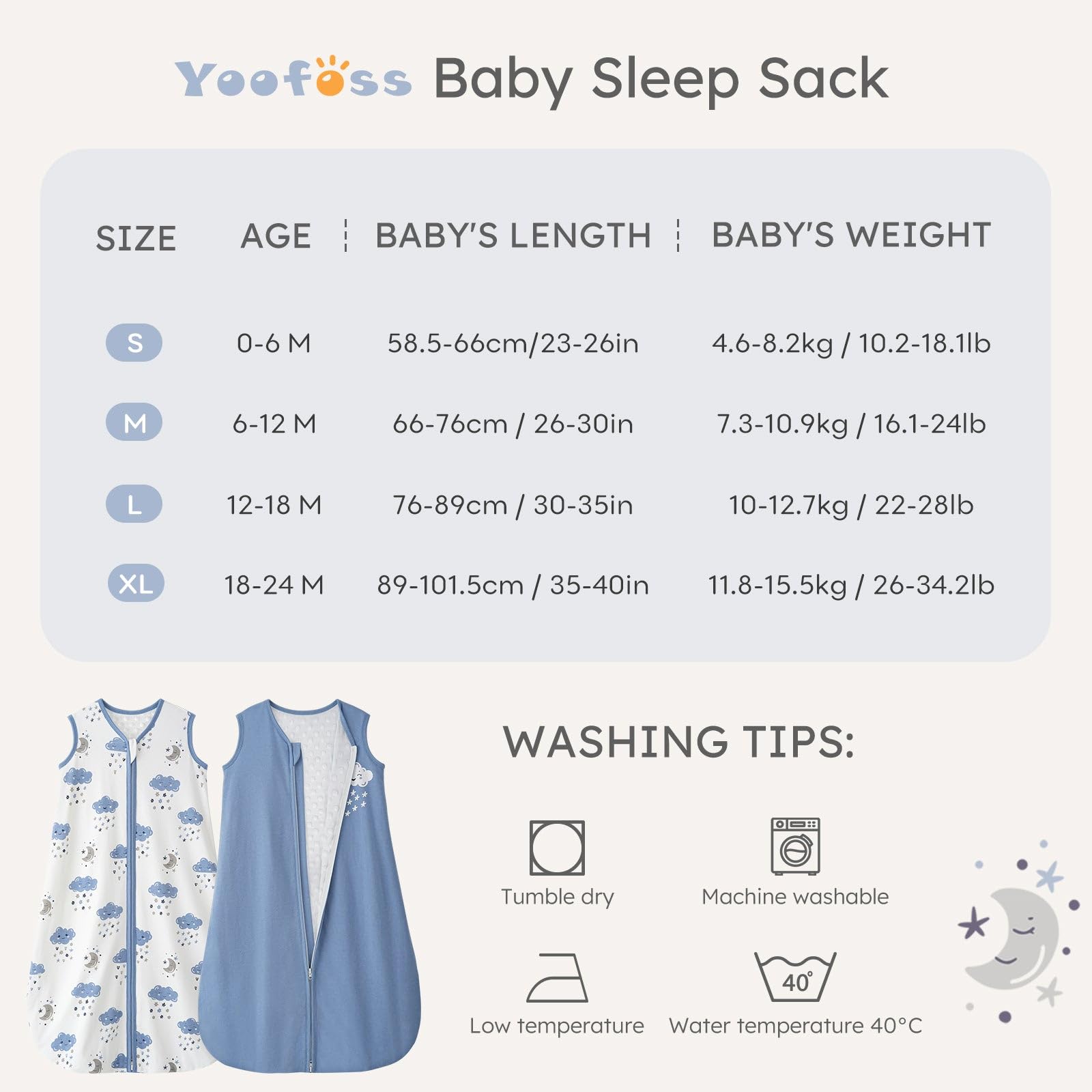 Size chart view highlights S to XL options for growing toddlers.