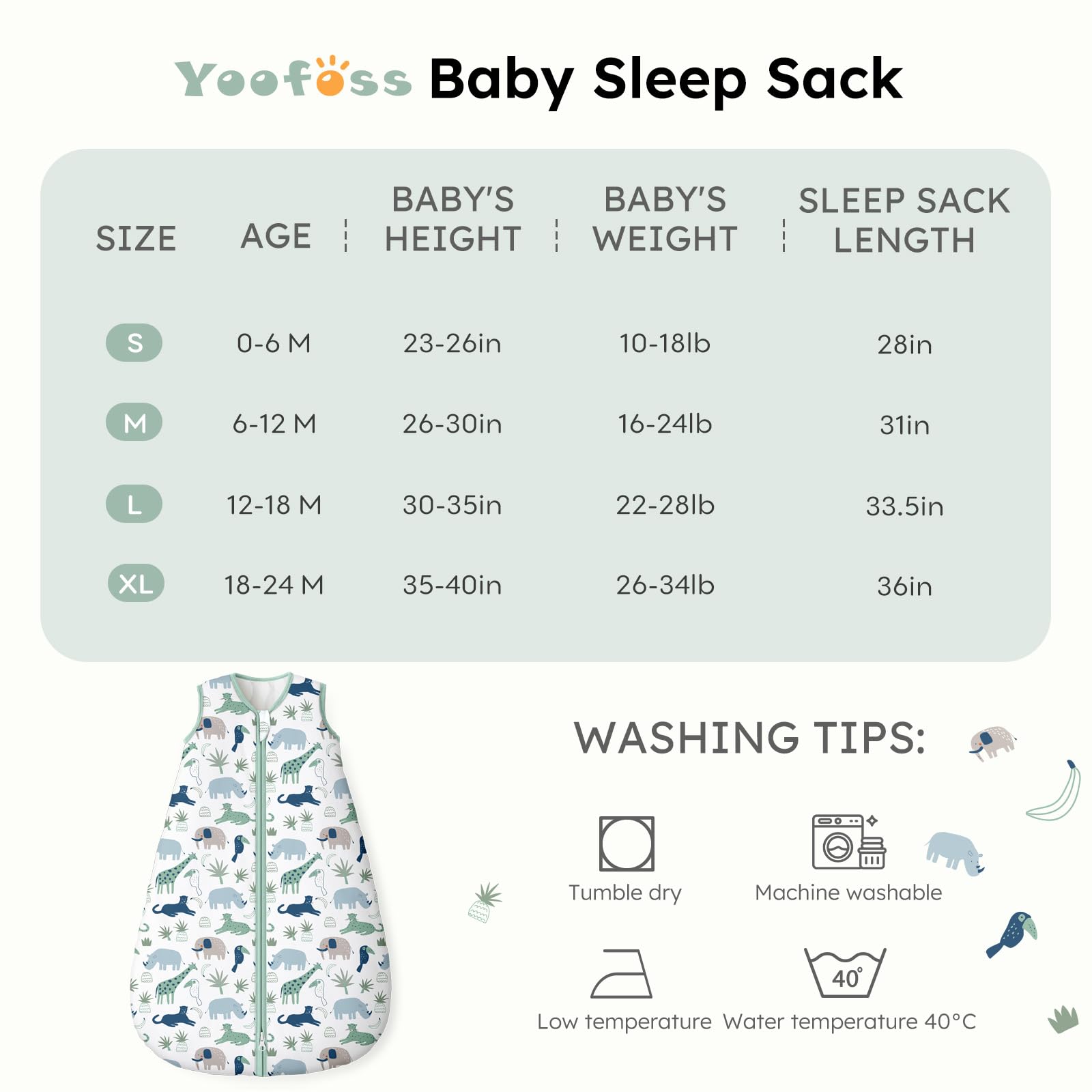 Yoofoss size chart displays S to XL for 0-24 months.