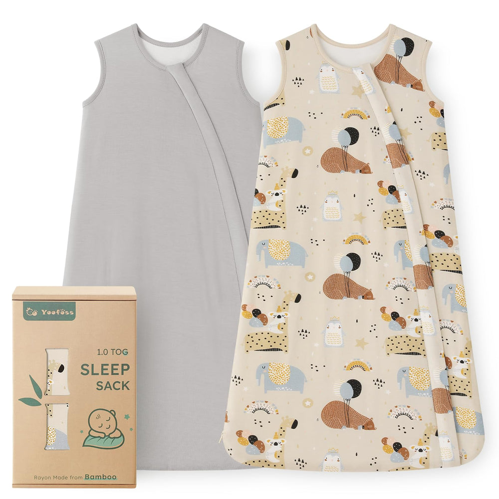 Yoofoss bamboo sleep sack grey animals main image, soft fabric for sensitive skin.