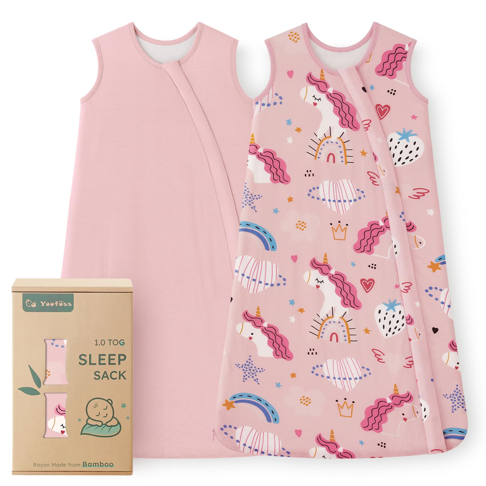 Yoofoss bamboo sleep sack in pink unicorn for 18-24 months, ultra-soft comfort.