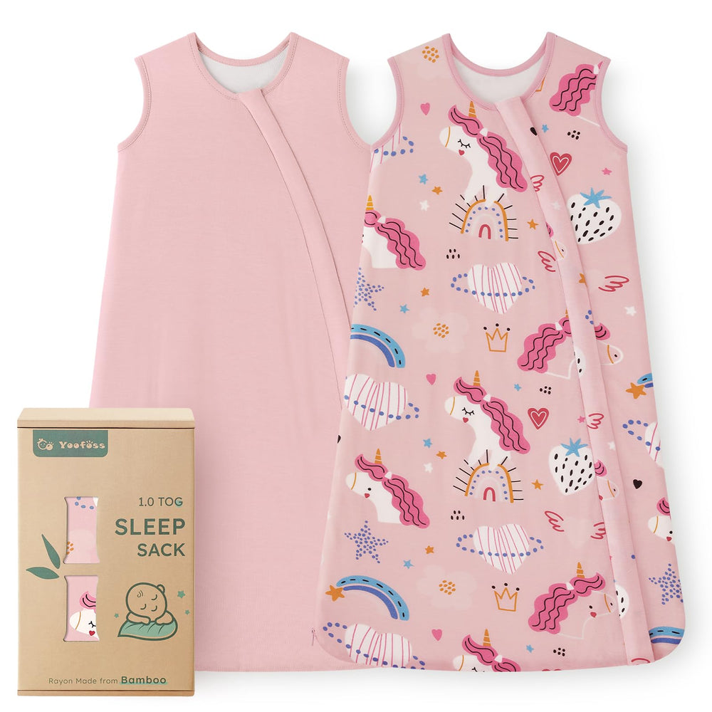 Yoofoss bamboo sleep sack in pink unicorn for 18-24 months, ultra-soft comfort.