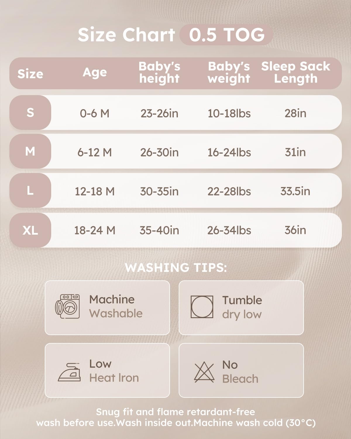 Yoofoss sleep sack size chart helps find the right fit for growing toddlers.