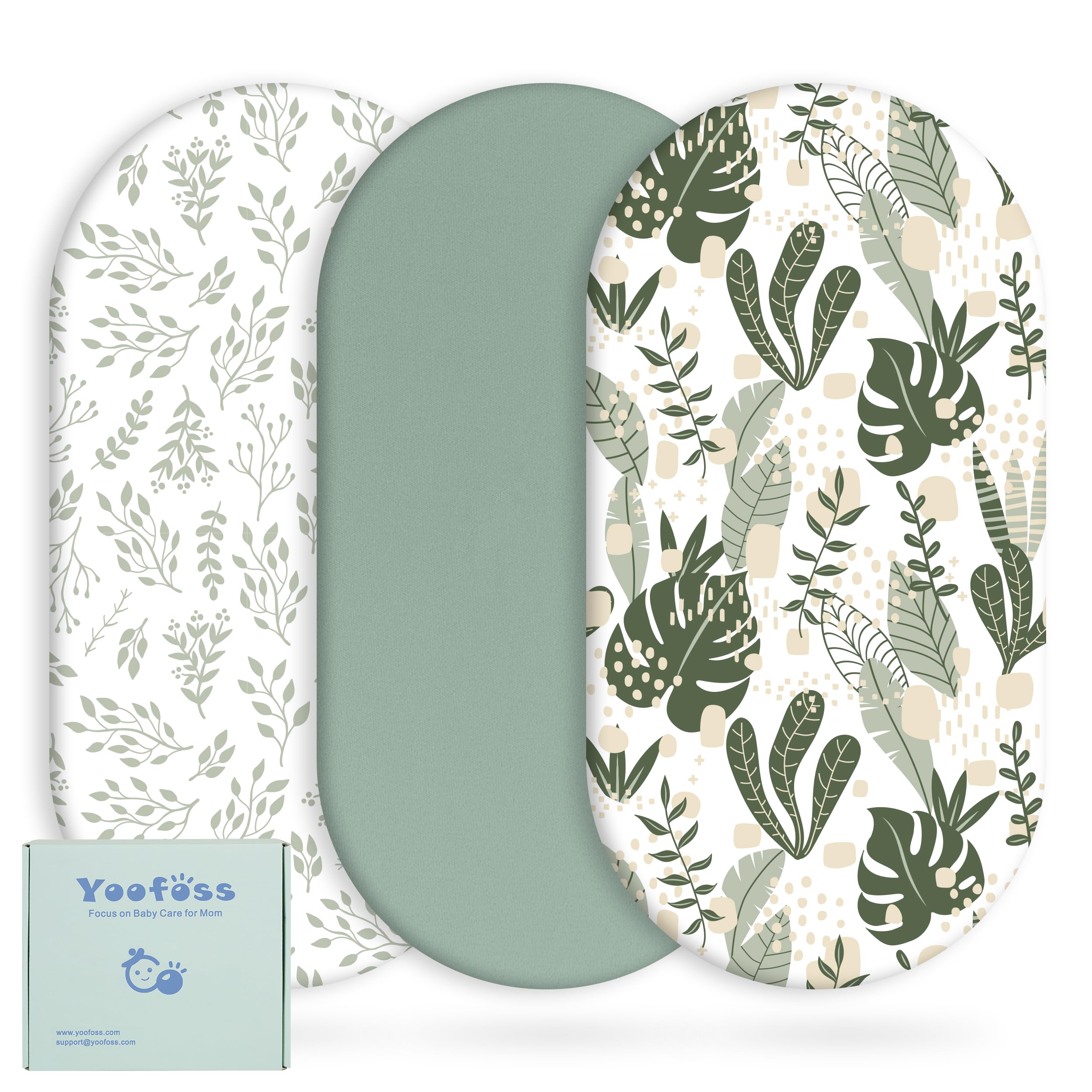 Yoofoss bassinet sheets in green leaf print with soft microfiber for comfort.