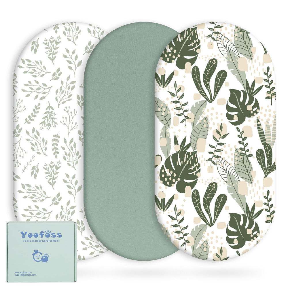 Yoofoss bassinet sheets in green leaf print with soft microfiber for comfort.
