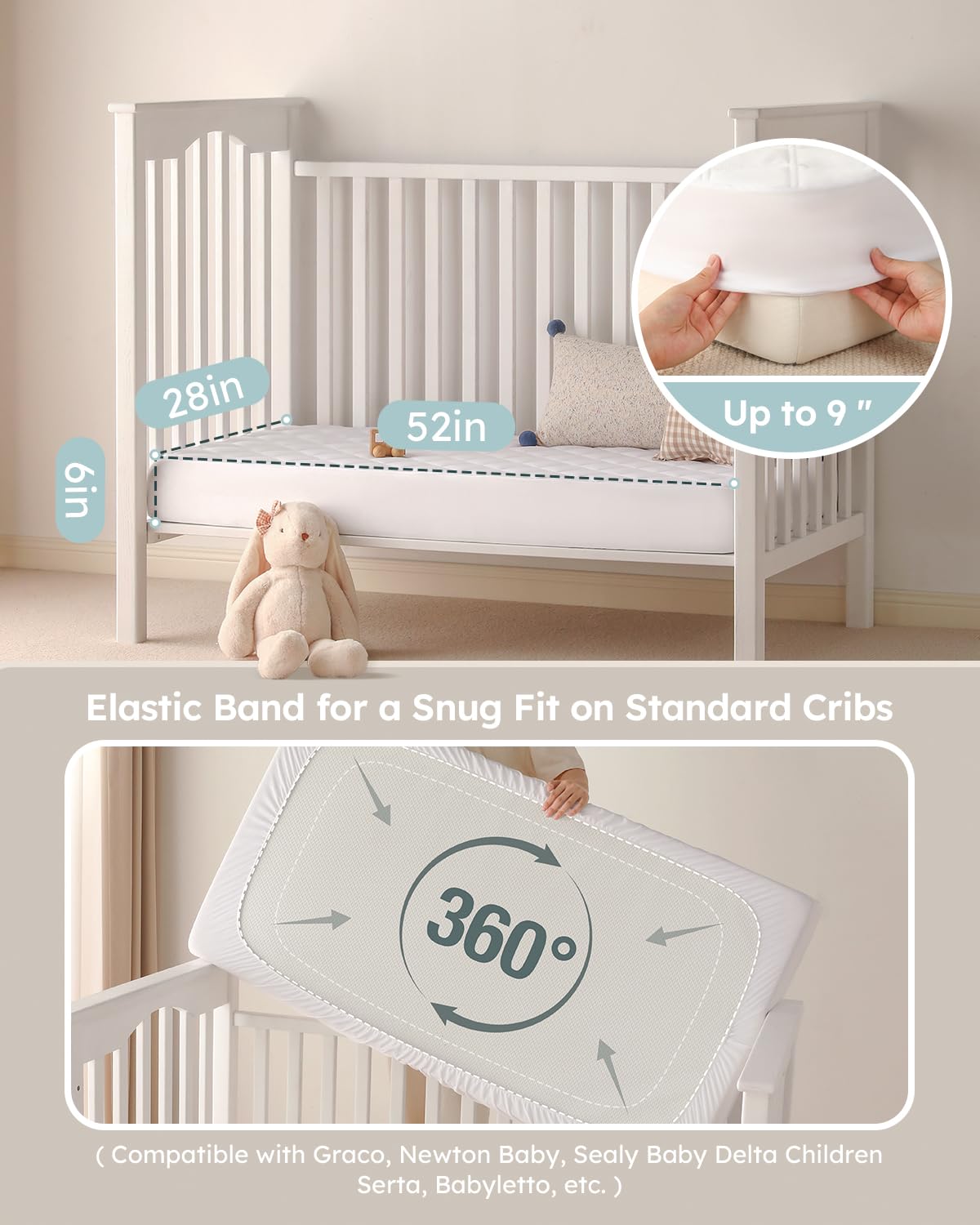 Yoofoss deep pocket fit 52x28 demonstrates secure universal crib fit