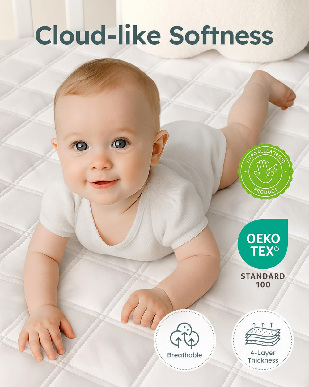 Yoofoss deep-pocket fit securing crib mattress protector on thick mattress
