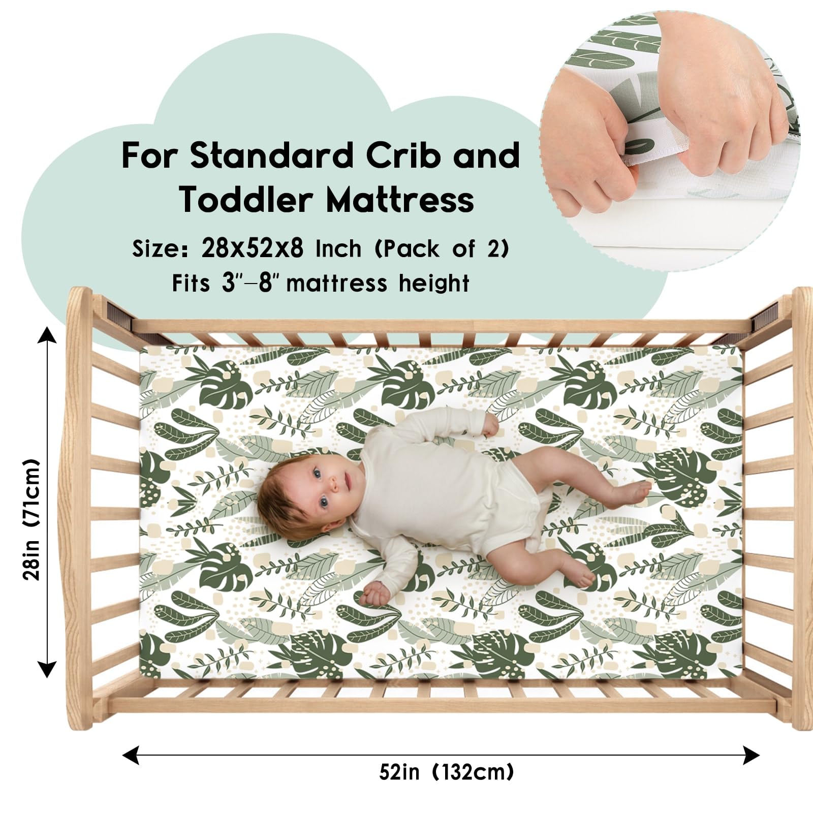 Yoofoss fitted crib sheet 52x28x8in pocket ensuring snug fit.
