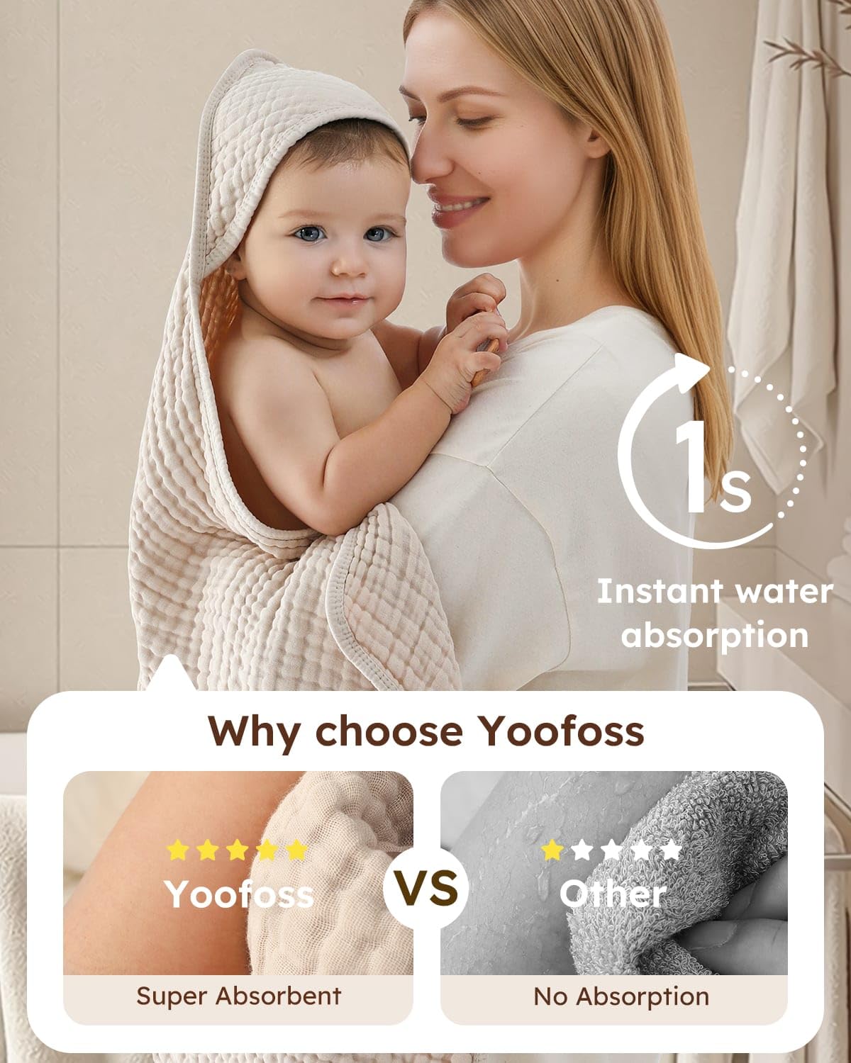 Yoofoss hooded towel on baby after bath for warmth.