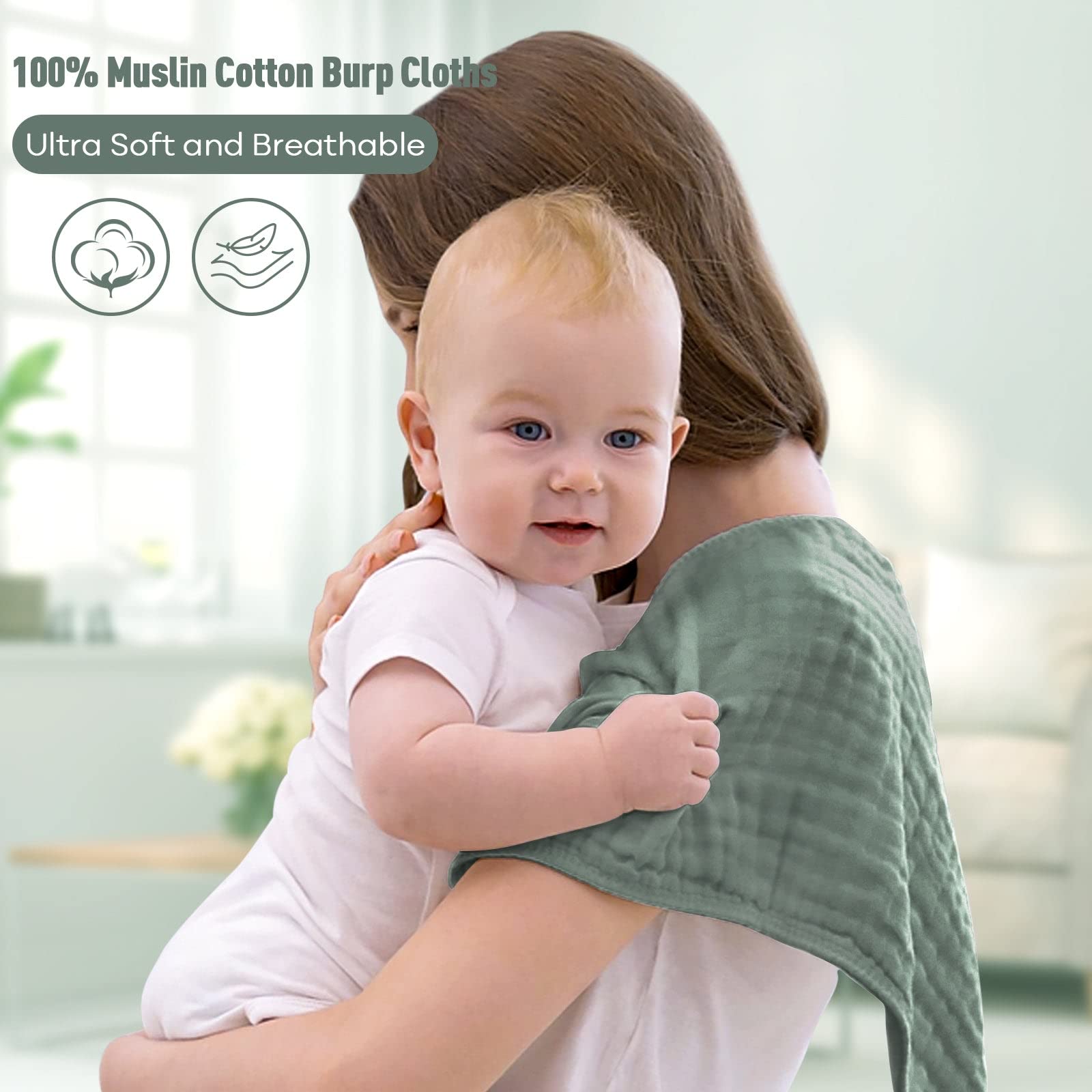 Yoofoss muslin burp cloths in dark green—gentle coverage for messes and spills.