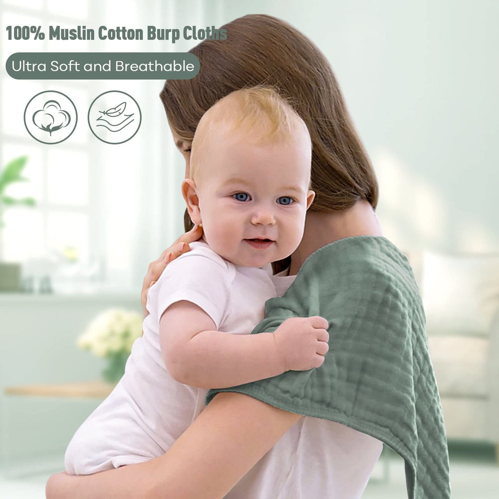 Yoofoss muslin burp cloths in dark green—gentle coverage for messes and spills.
