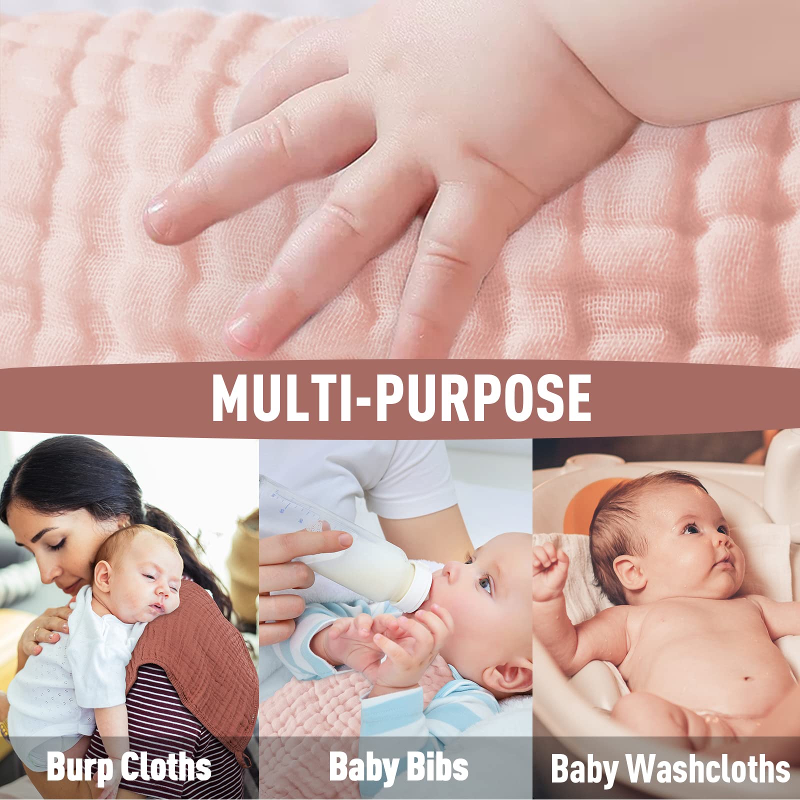 Yoofoss muslin burp cloths size 20x10, offering generous coverage for messes.