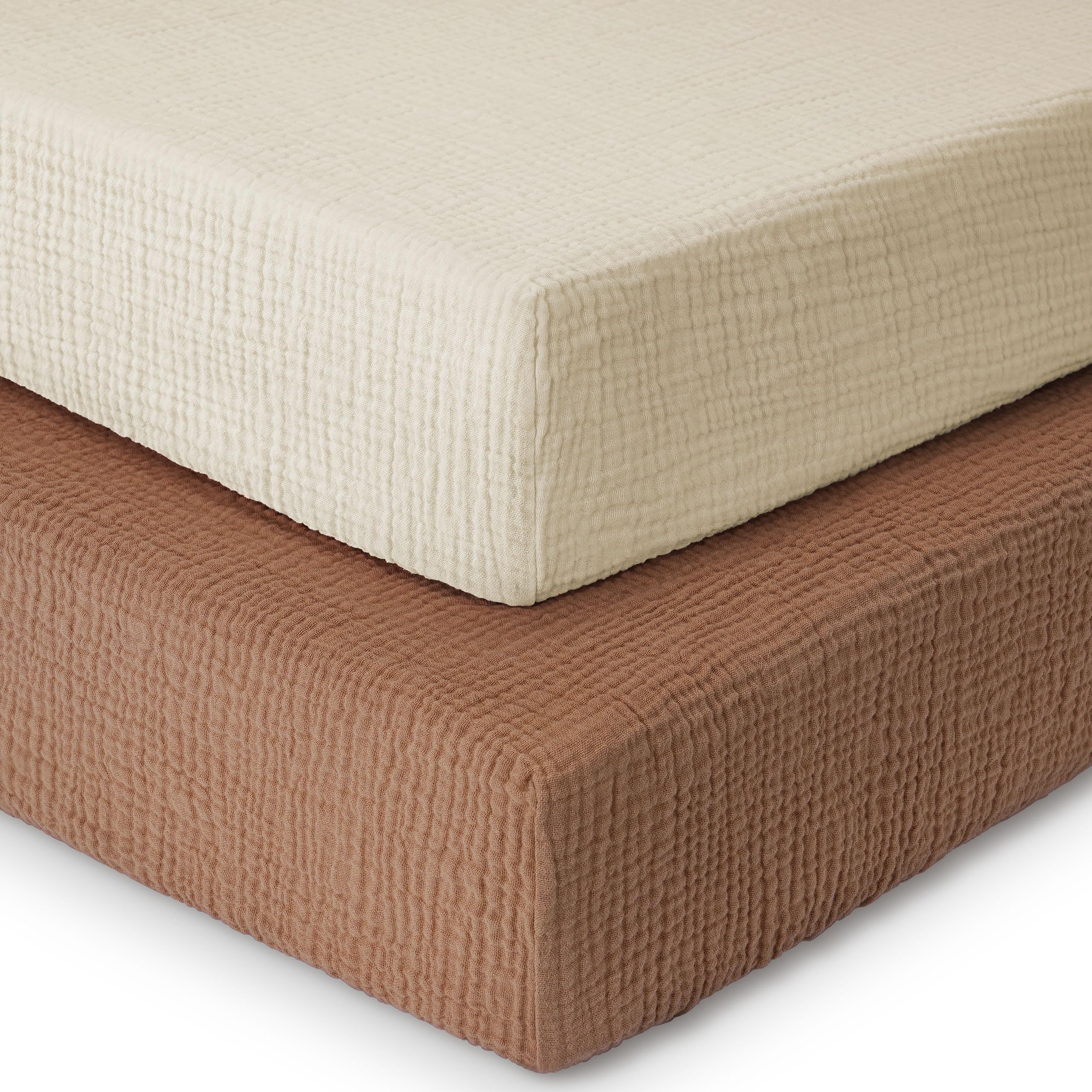 Yoofoss muslin crib sheets apricot and brown two-pack on mattress for soft, breathable sleep
