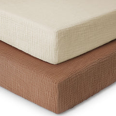 Yoofoss muslin crib sheets apricot and brown two-pack on mattress for soft, breathable sleep