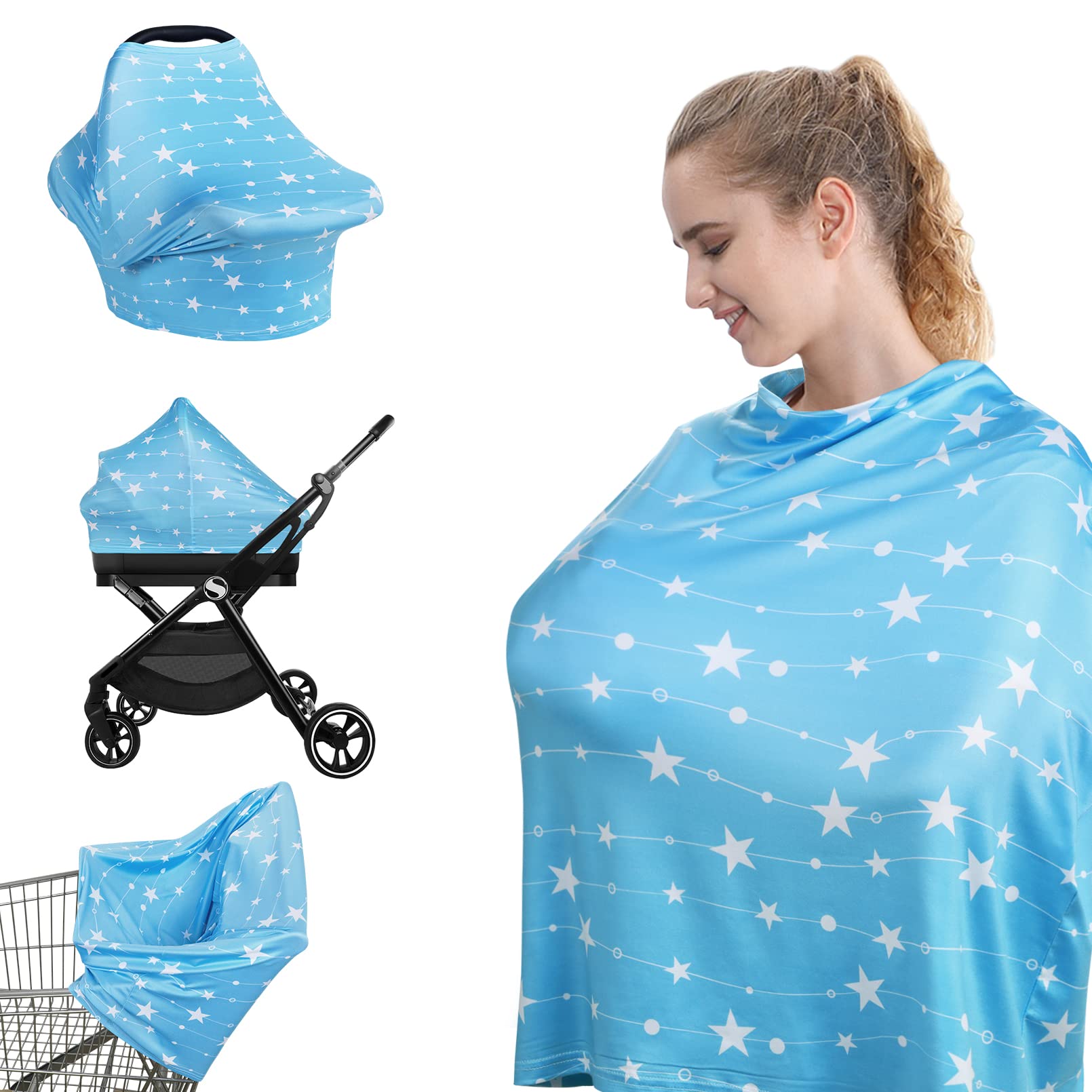 Yoofoss nursing cover drapes over a car seat for sun protection and private feeding.