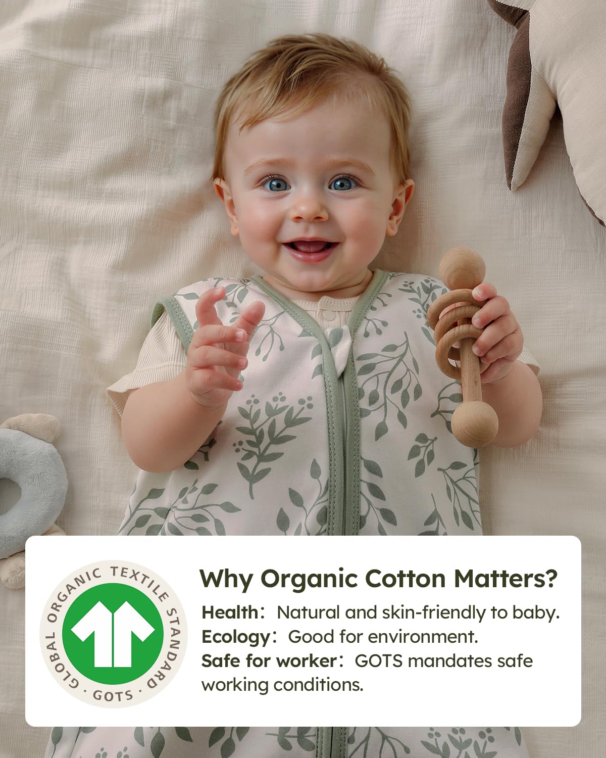 Yoofoss organic cotton sleep sack fabric close-up emphasizing softness.