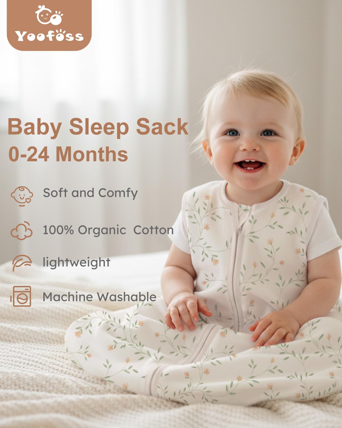 Yoofoss organic cotton sleep sack offers breathable, skin-friendly comfort.