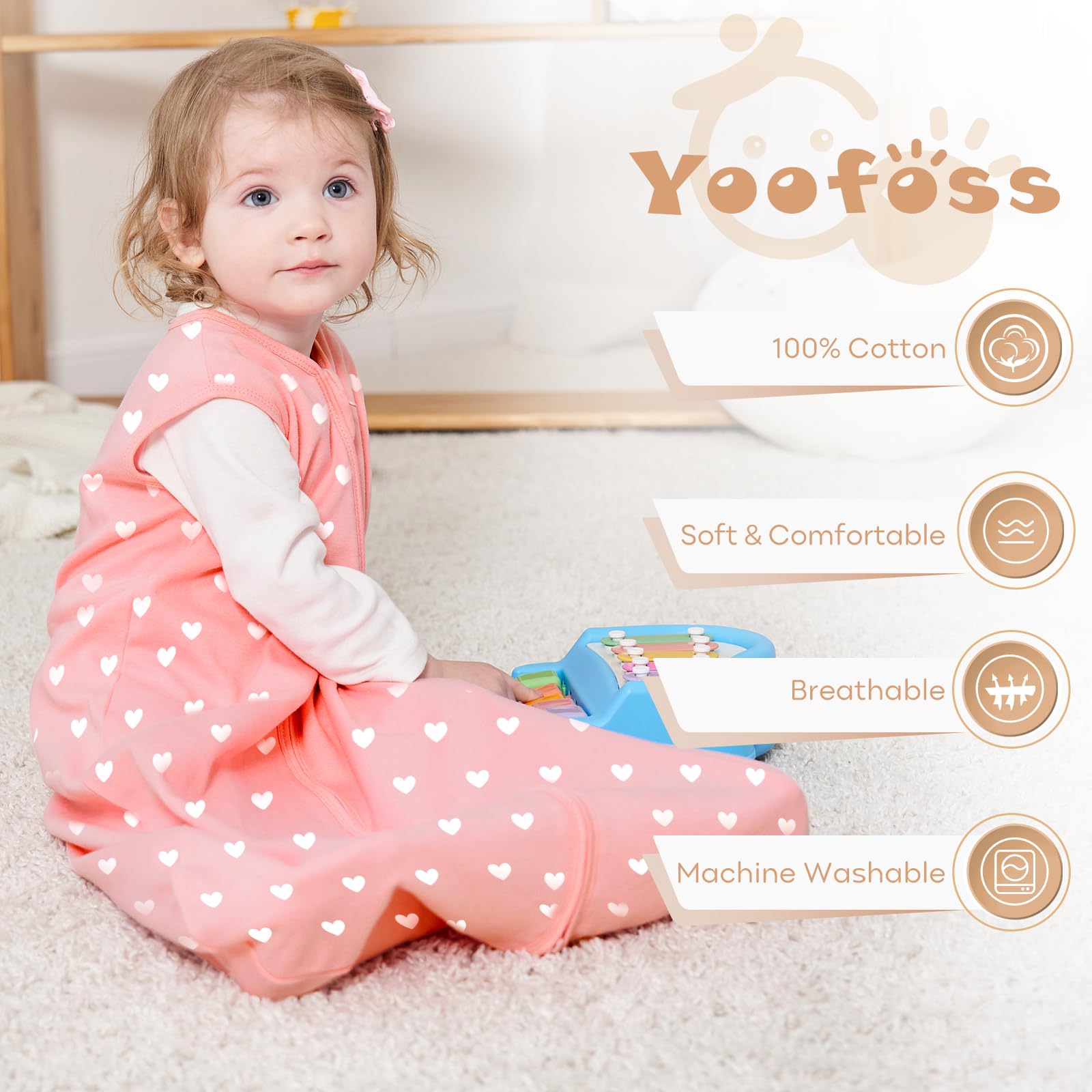 Yoofossorganic cotton sleep sack offers soft breathable fabric.
