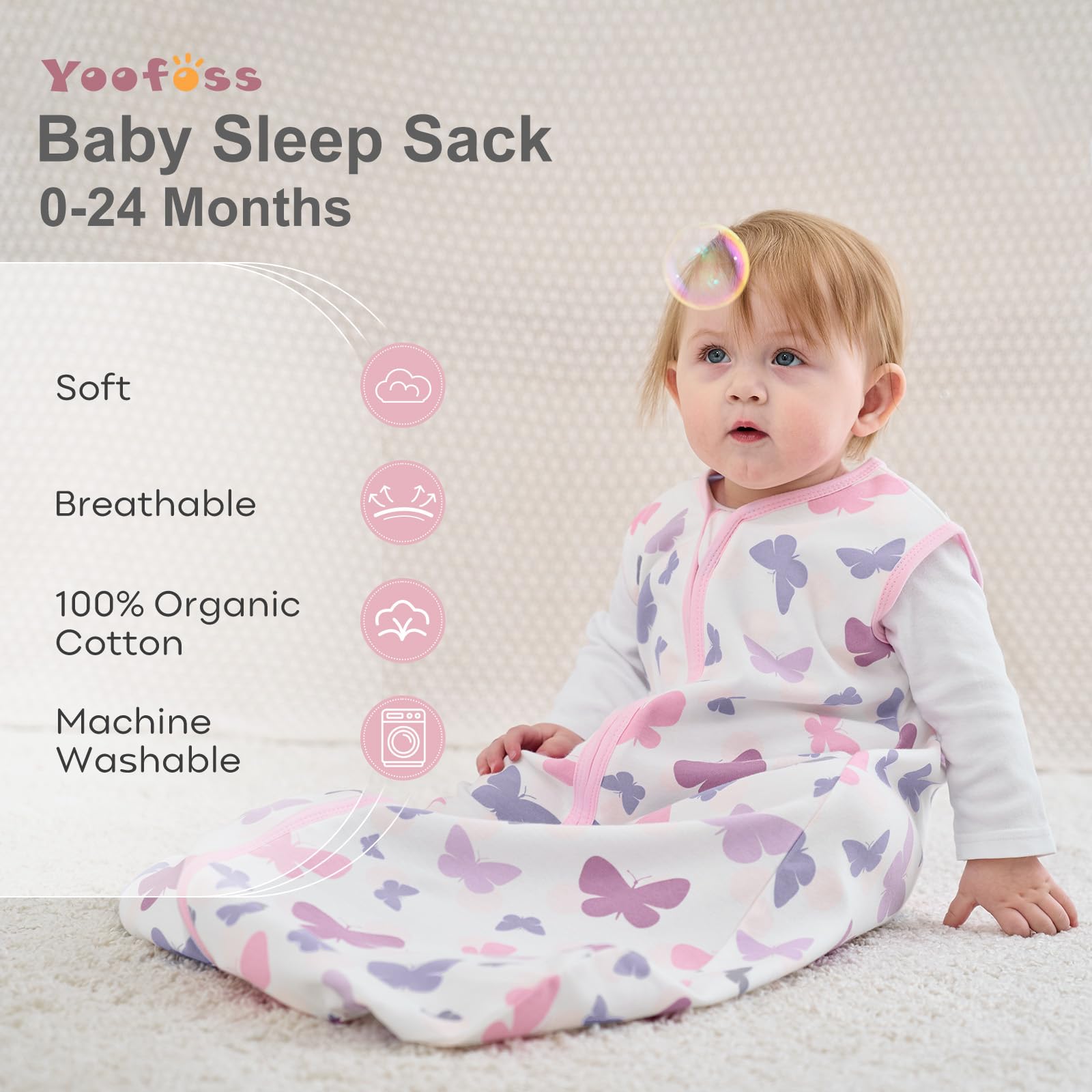 Yoofoss organic cotton sleep sack highlights soft, breathable fabric ideal for sensitive skin.