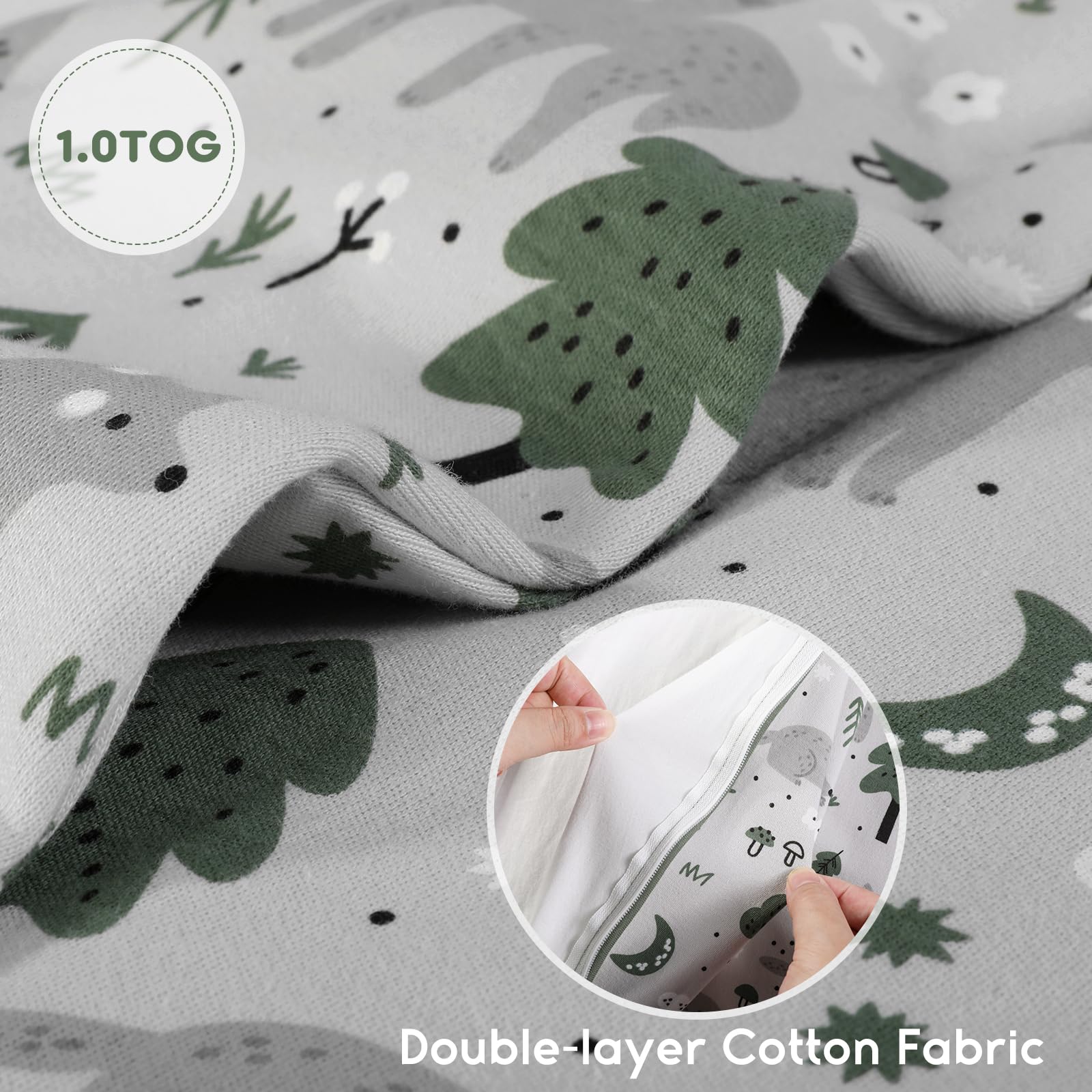 Yoofoss sleep sack uses 100% organic cotton for breathable comfort.