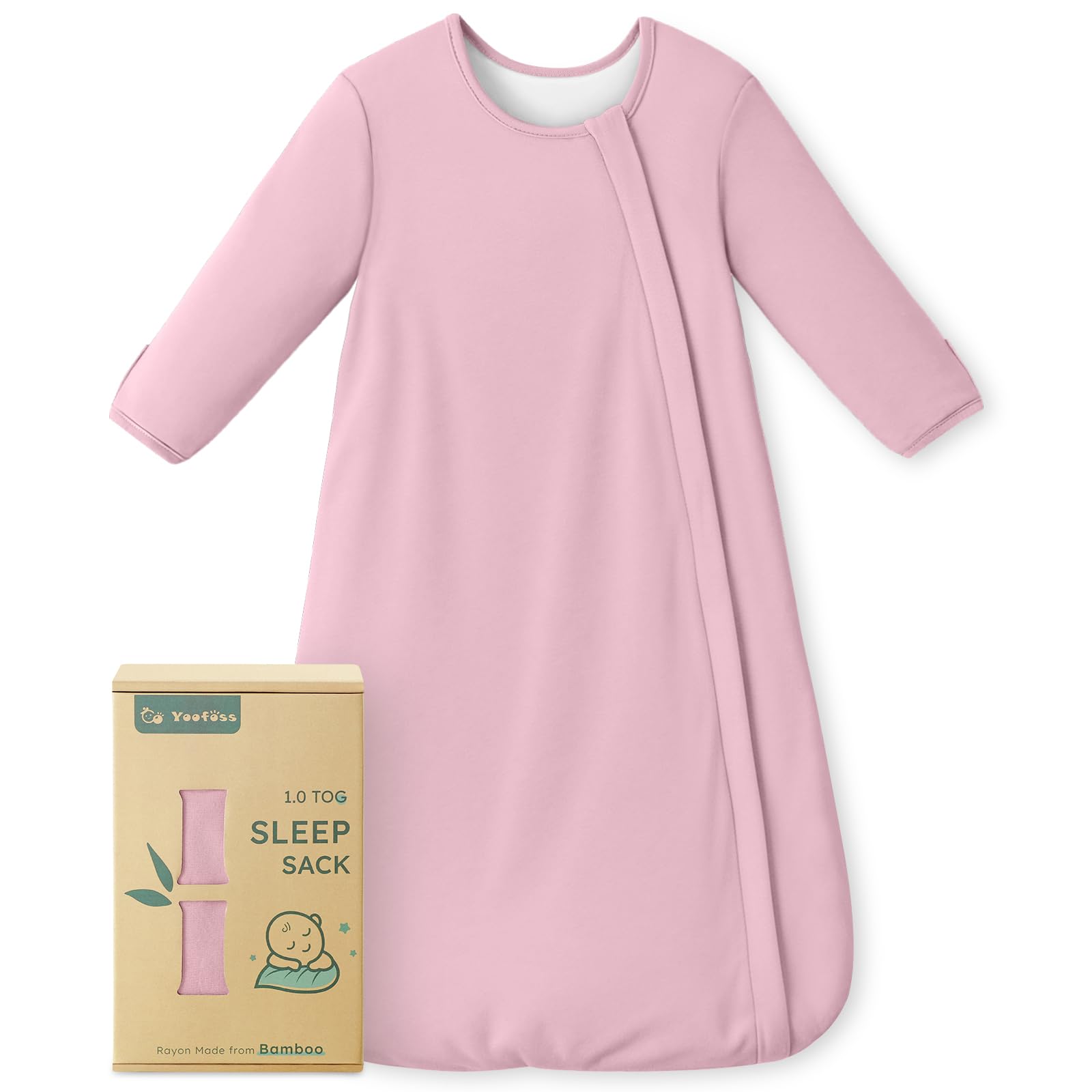 Yoofoss bamboo sleep sack pink front view showing secure fit and soft fabric.