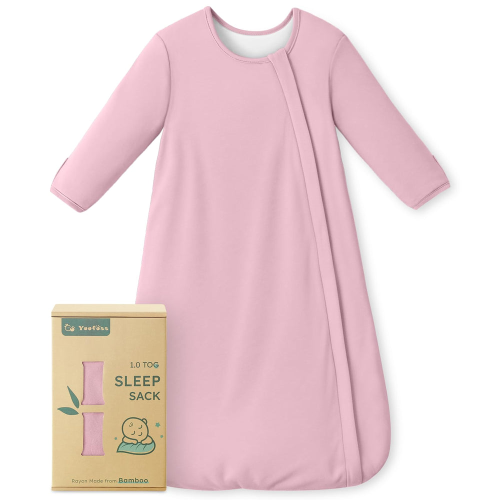 Yoofoss bamboo sleep sack pink front view showing secure fit and soft fabric.