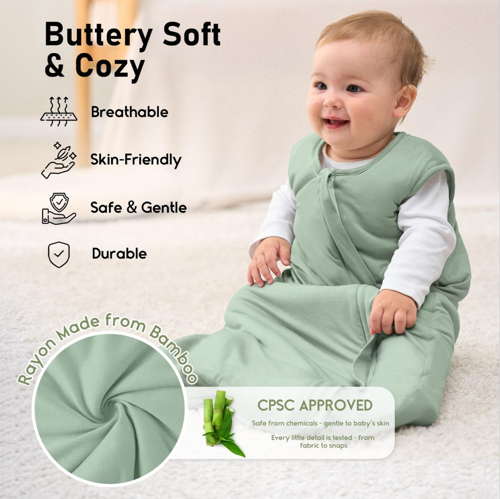Yoofoss sleep sack close-up shows 1-0 tog warmth for year-round comfort.