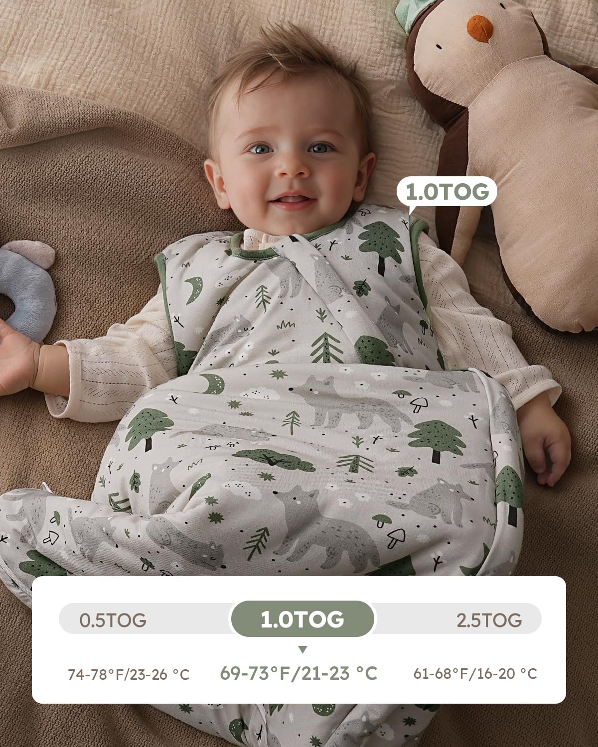 Yoofoss two-way zipper sleep sack enables easy diaper changes.