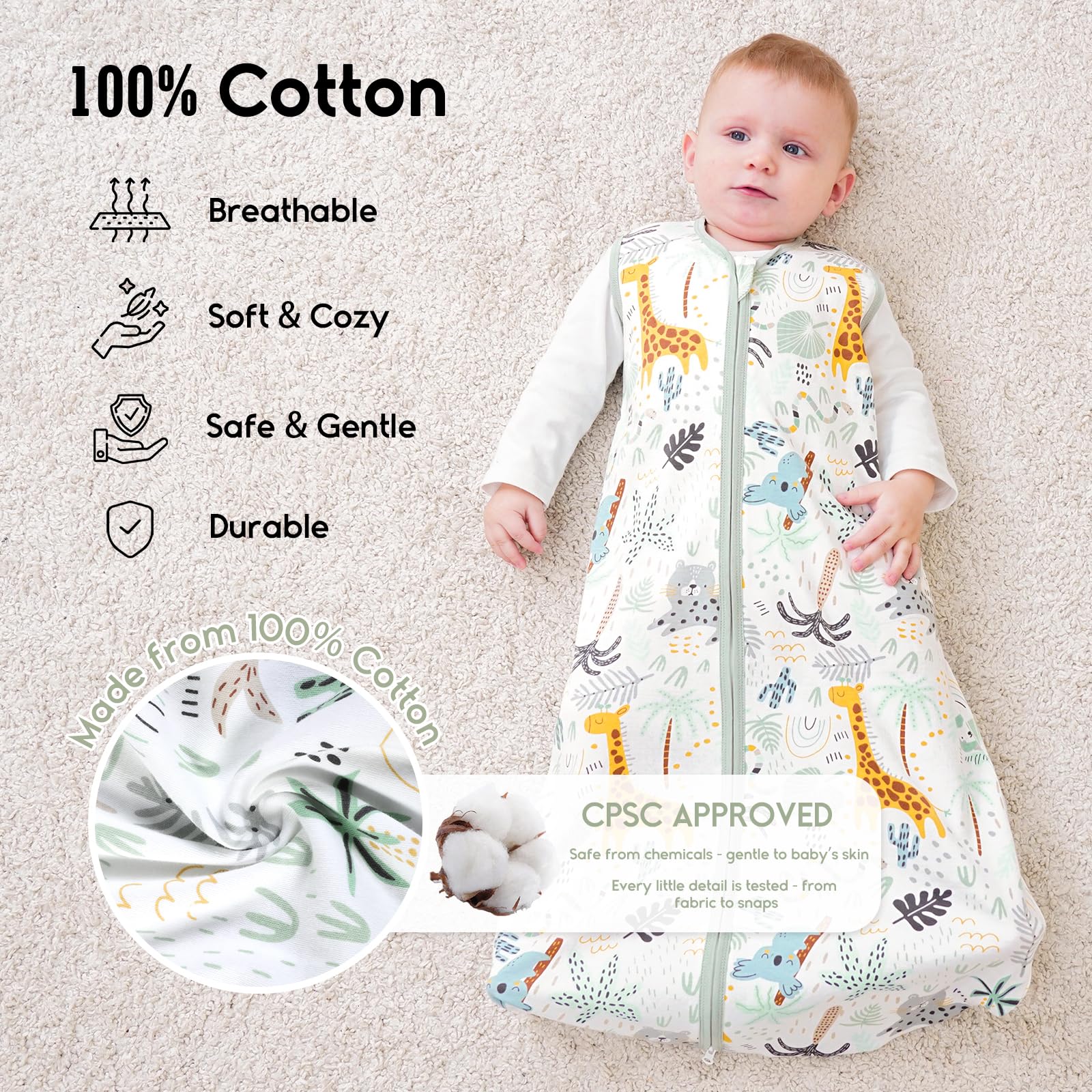 Yoofoss sleep sack 2-way zipper closeup for easy night diaper changes.