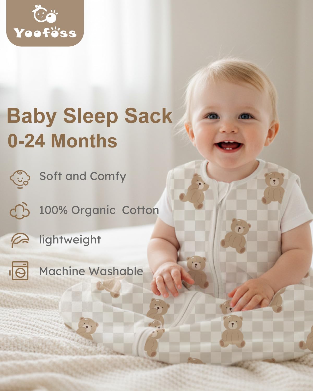 Yoofoss sleep sack 2-way zipper enables easy midnight diaper changes with safety guards.