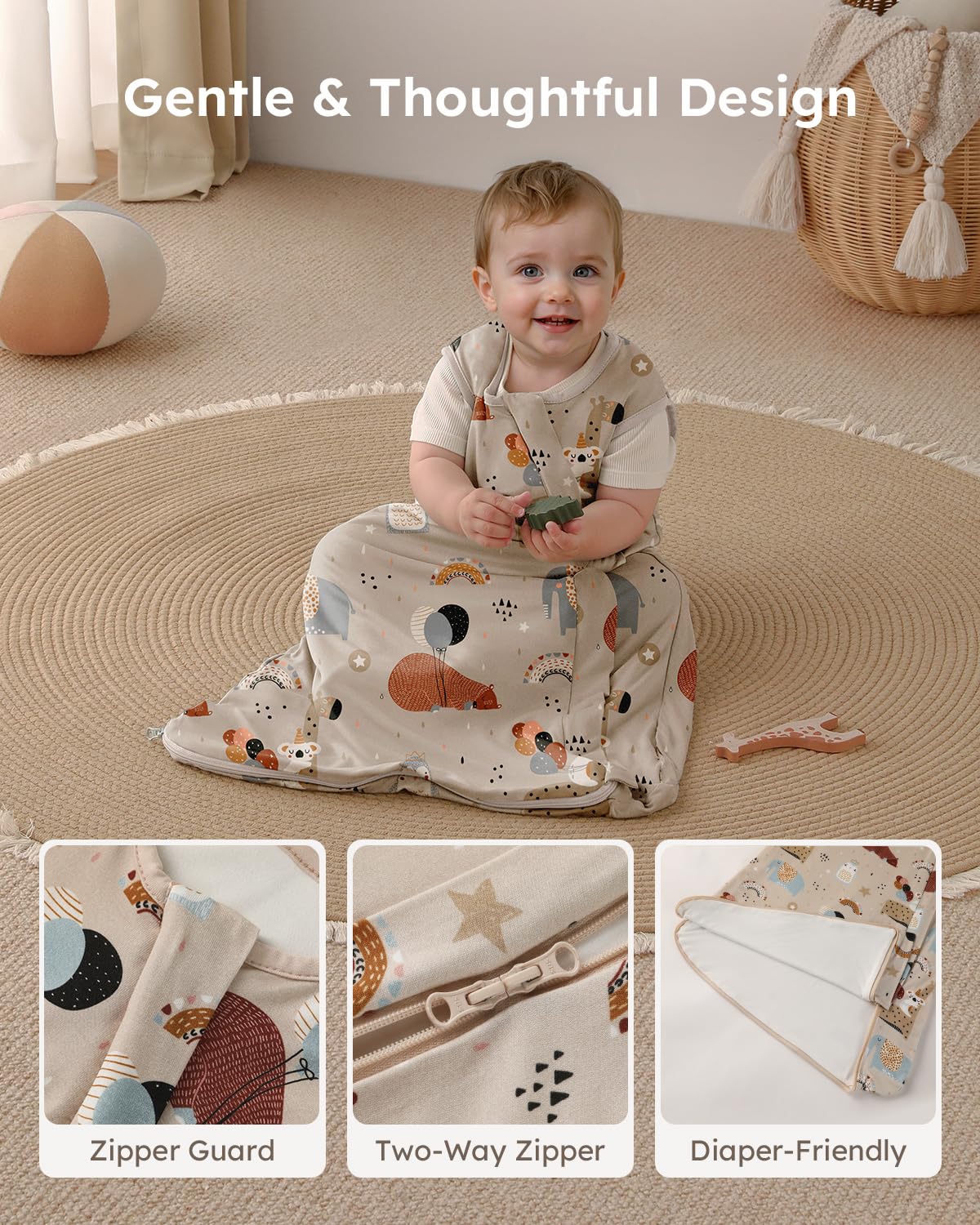 Yoofoss sleep sack bottom opens fully for quick diaper changes.