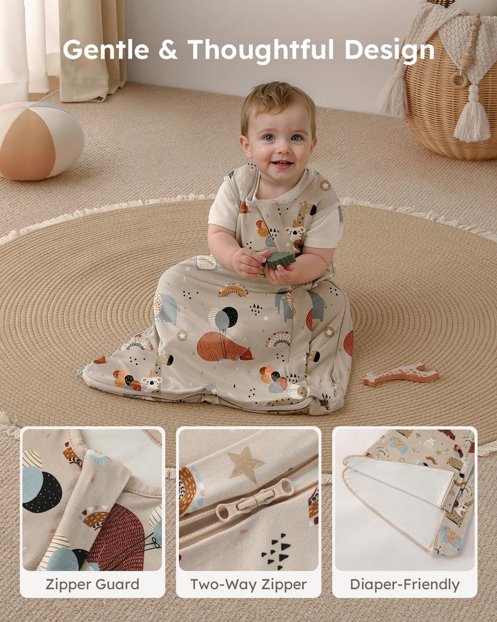 Yoofoss sleep sack bottom opens fully for quick diaper changes.