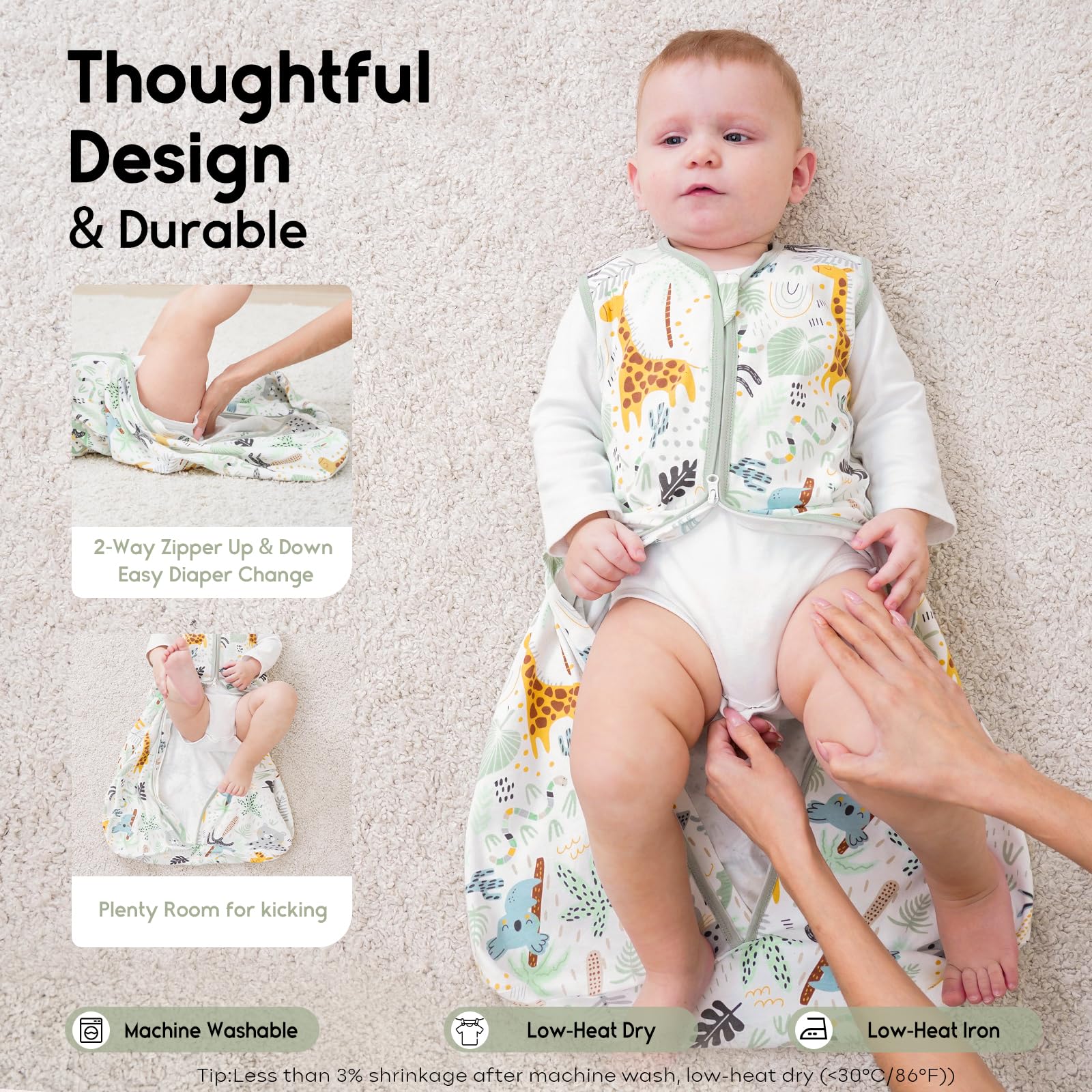 Yoofoss sleep sack hip-room design supports natural leg movement.