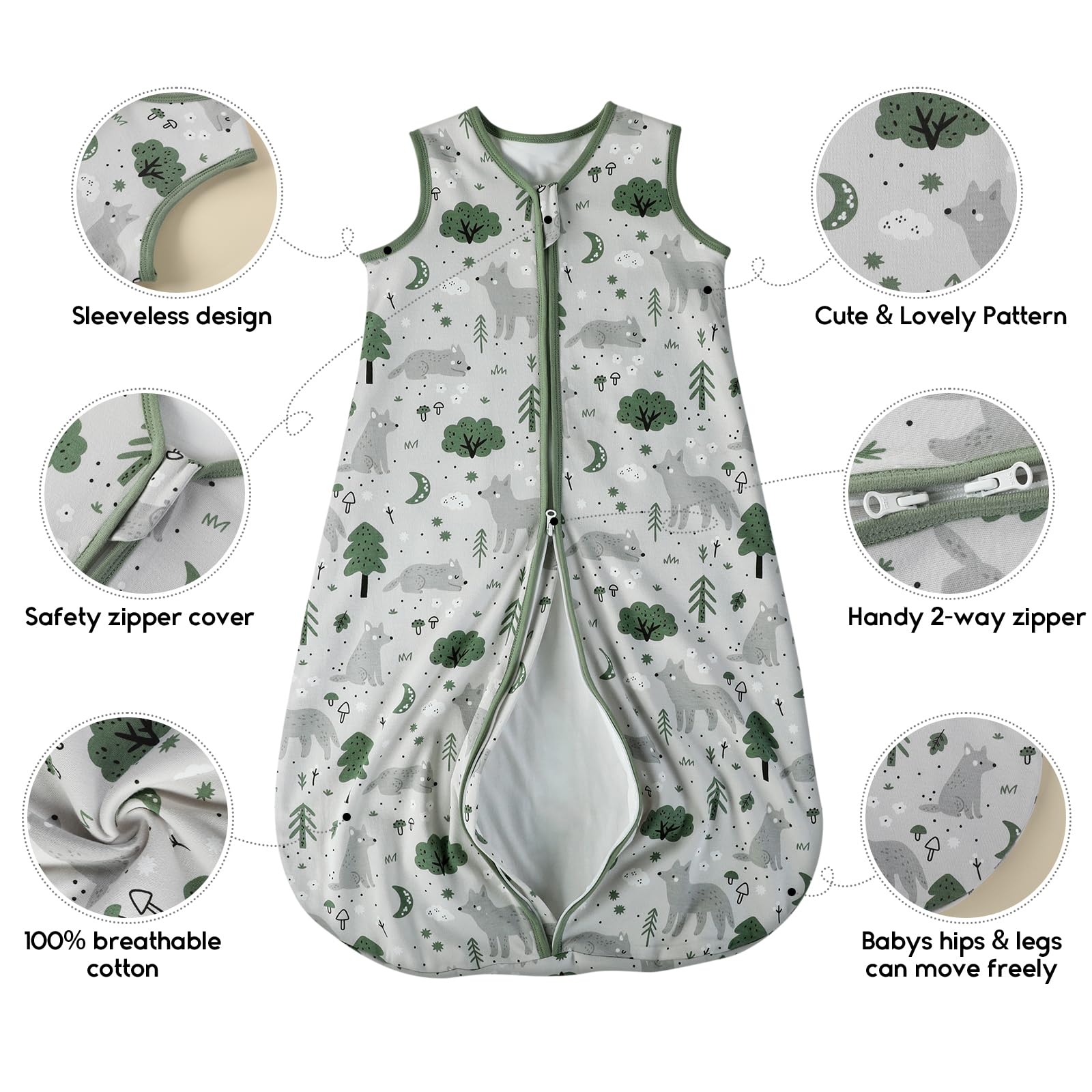 Yoofoss sleep sack with roomy hips supports natural leg movement.